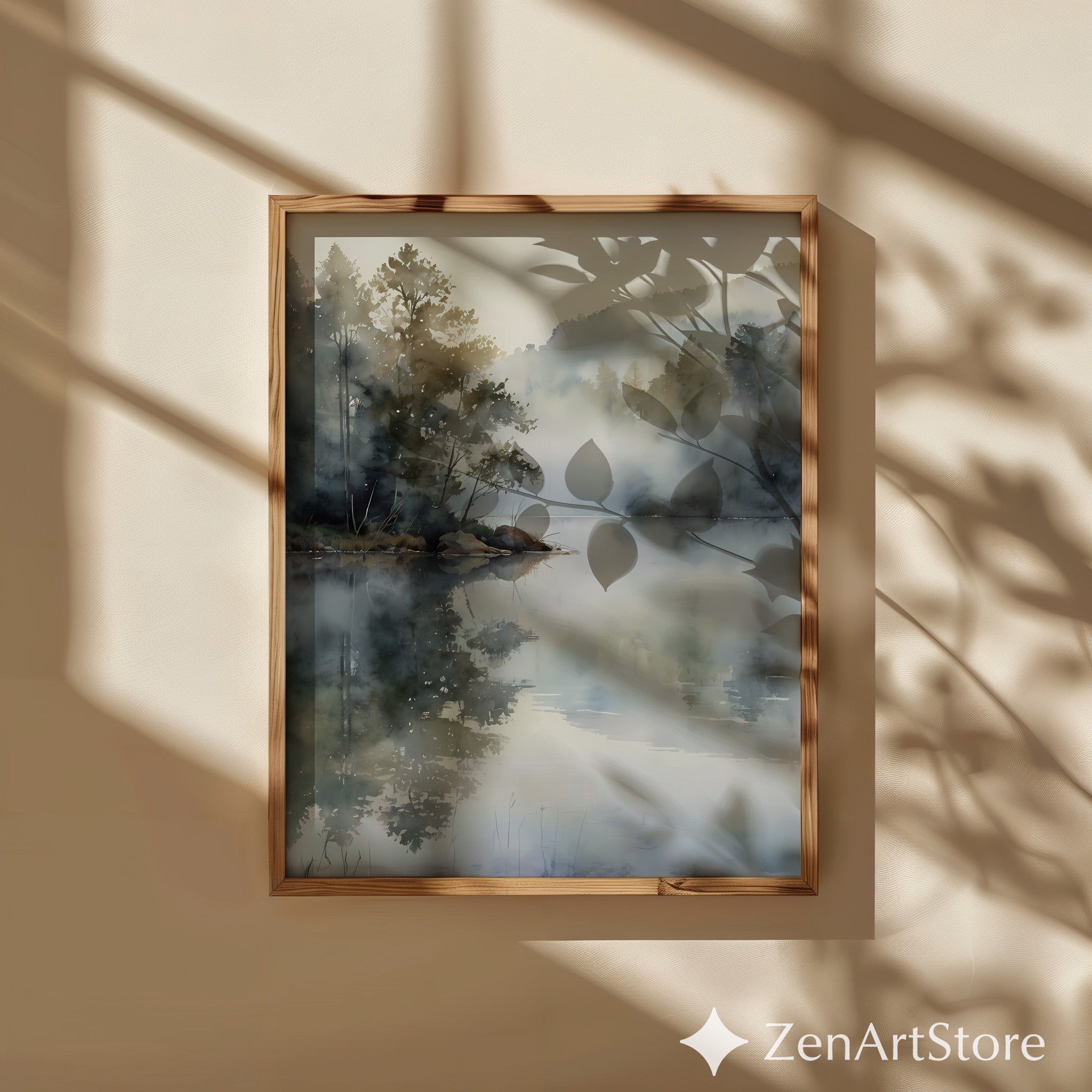 Misty Lake Watercolor Print - Serene Landscape Reflection Wall Art for Neutral Zen, Japandi & Wabi Sabi Home Decor