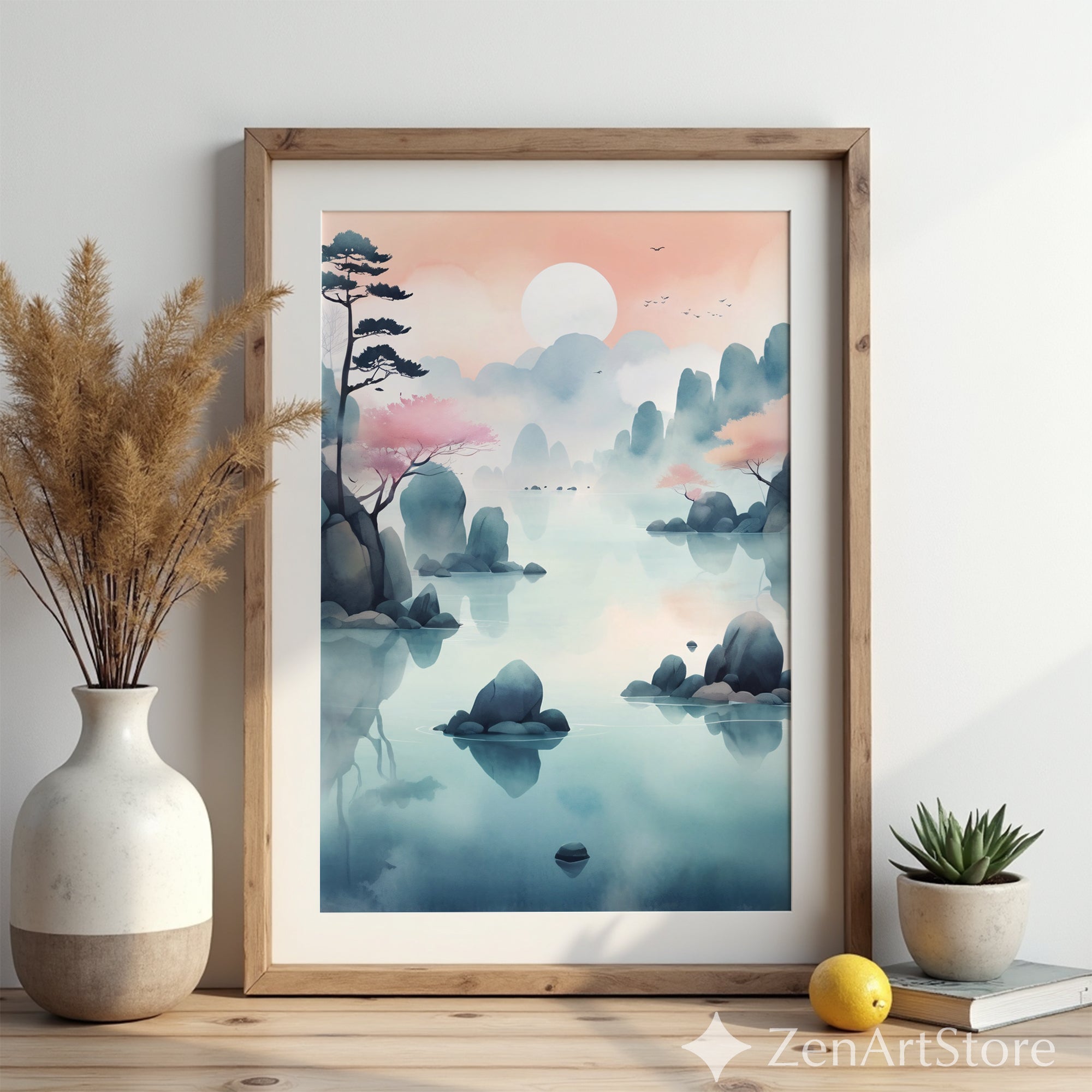 Serene Pastel Mountain Lake Wall Art - Zen Japandi Landscape Print, Printable & Canvas