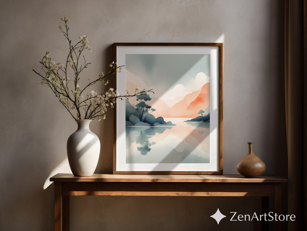 Zen Japandi Pastel Landscape Print - Minimal Mountain Lake Wall Art, Calm Abstract Reflection, Neutral Home Decor Printable