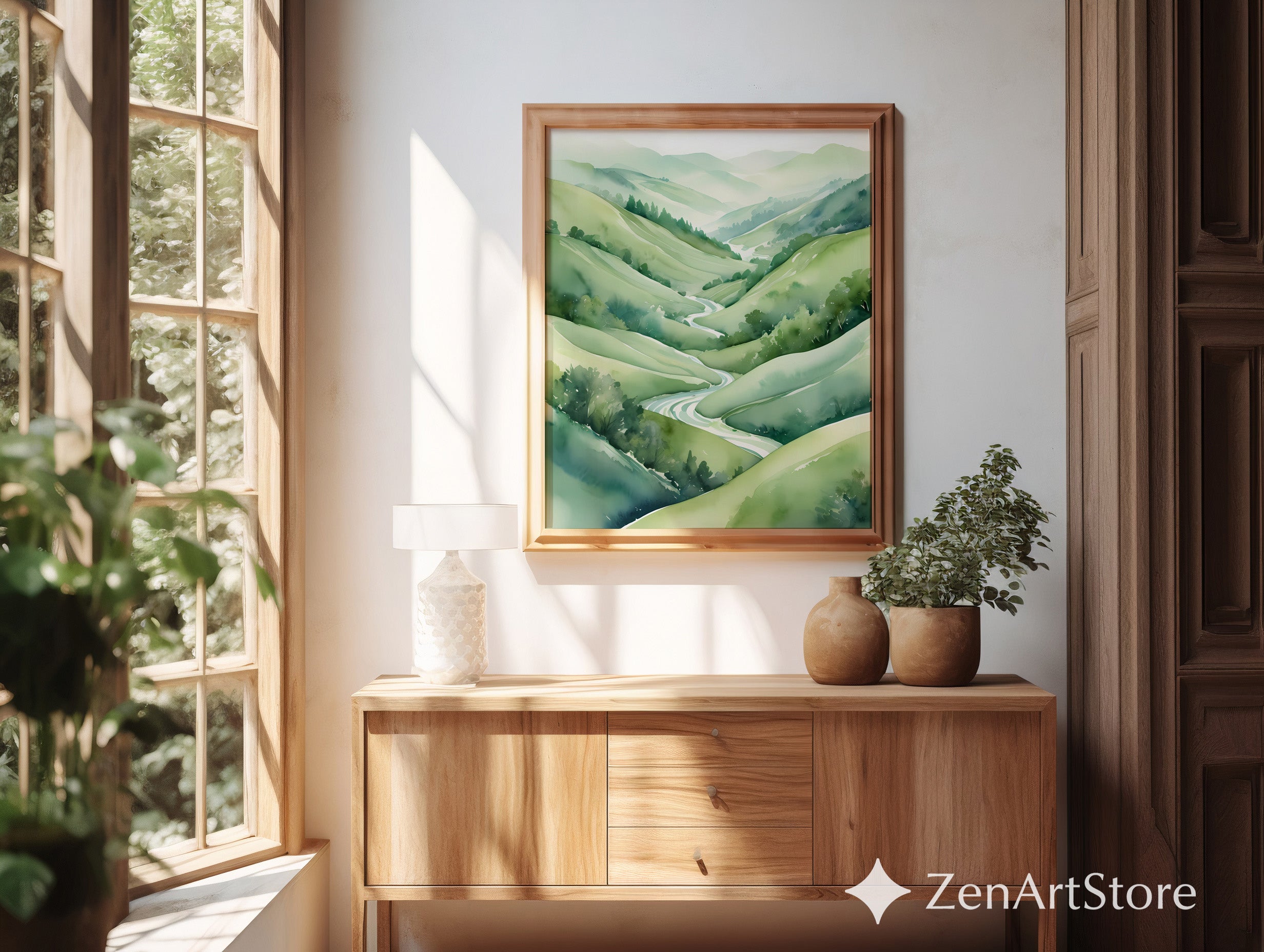 Serene Green Valley Watercolor Print - Minimal Zen Landscape Art, Japandi Wall Decor, Calming River Poster for Living Room