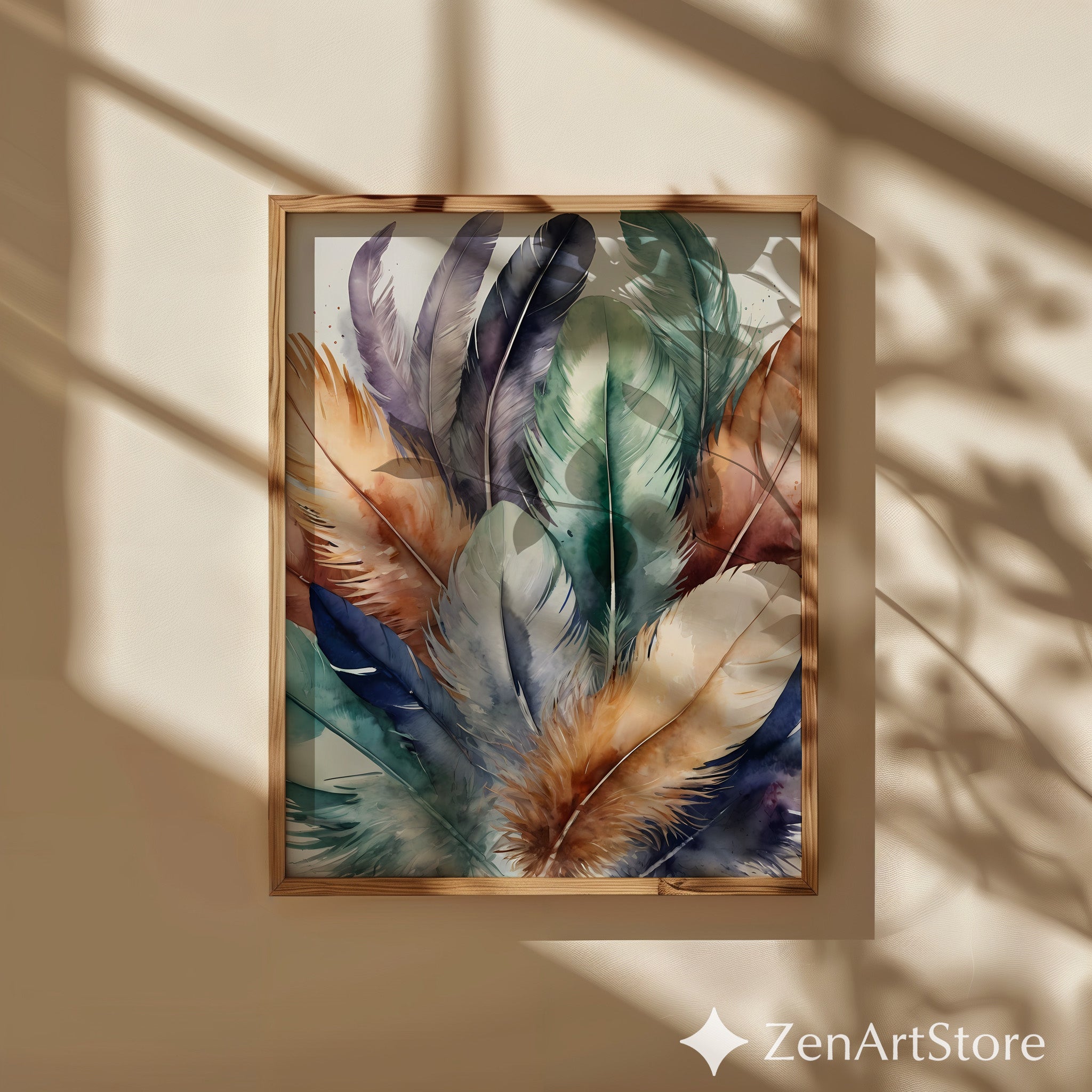 Watercolor Feather Wall Art Print - Boho Teal Green & Warm Brown Feather Illustration for Living Room, Bedroom, Nursery, Japandi Home Decor