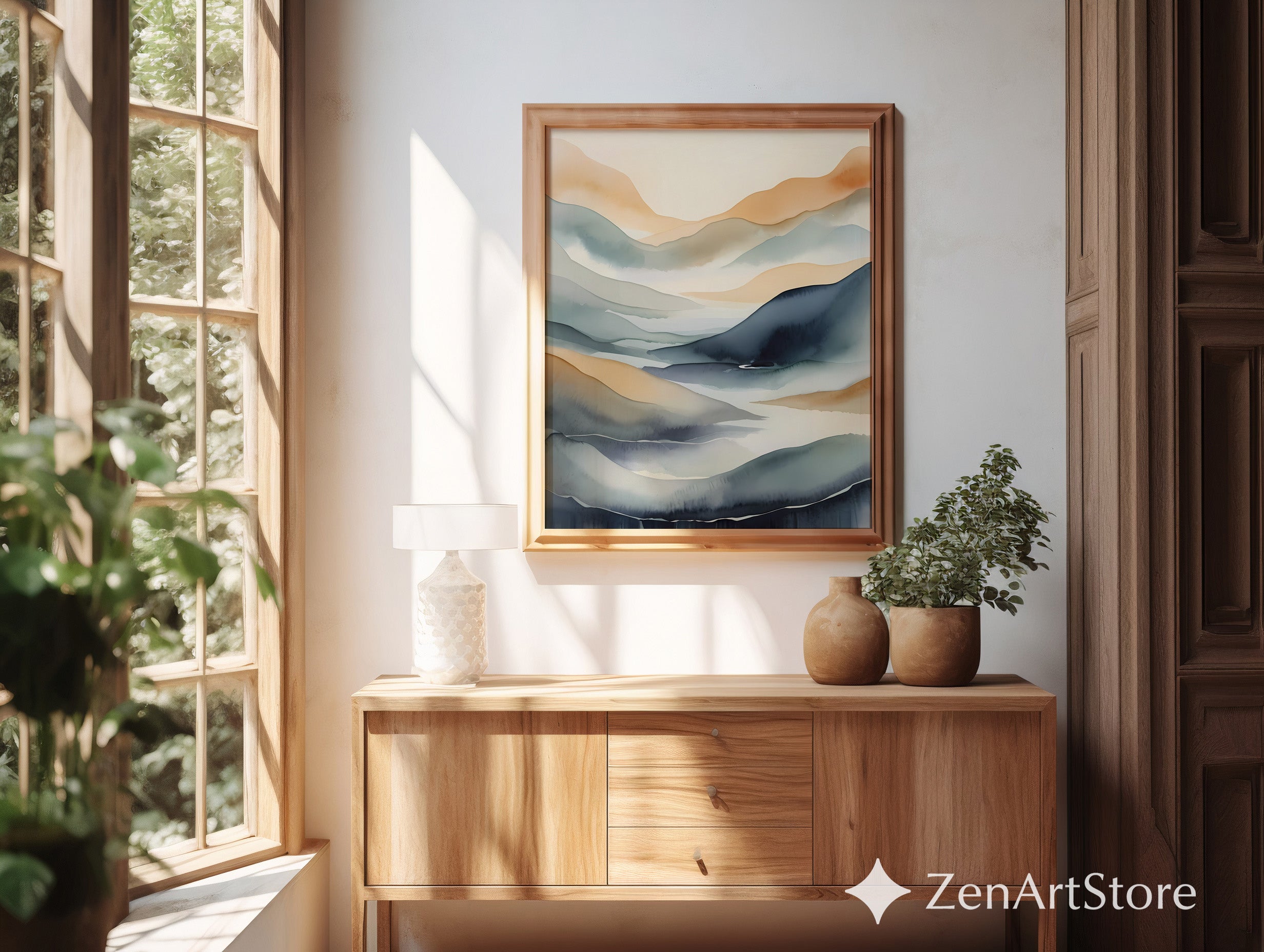 Muted Watercolor Mountain Print – Minimal Abstract Landscape Wall Art, Neutral Japandi Zen Decor for Living Room & Bedroom