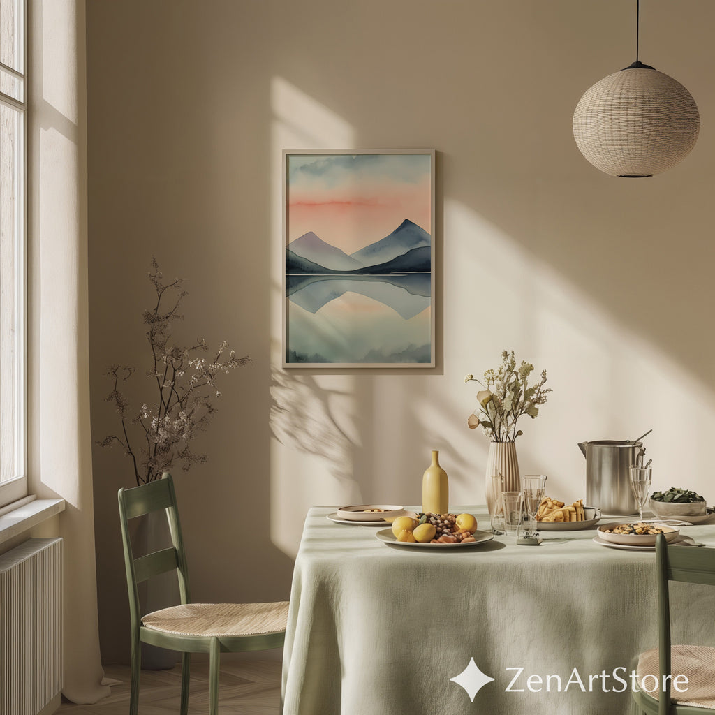 Minimal Mountain Watercolor Print - Pastel Sunset Reflection Zen Japandi Scandinavian Wall Art
