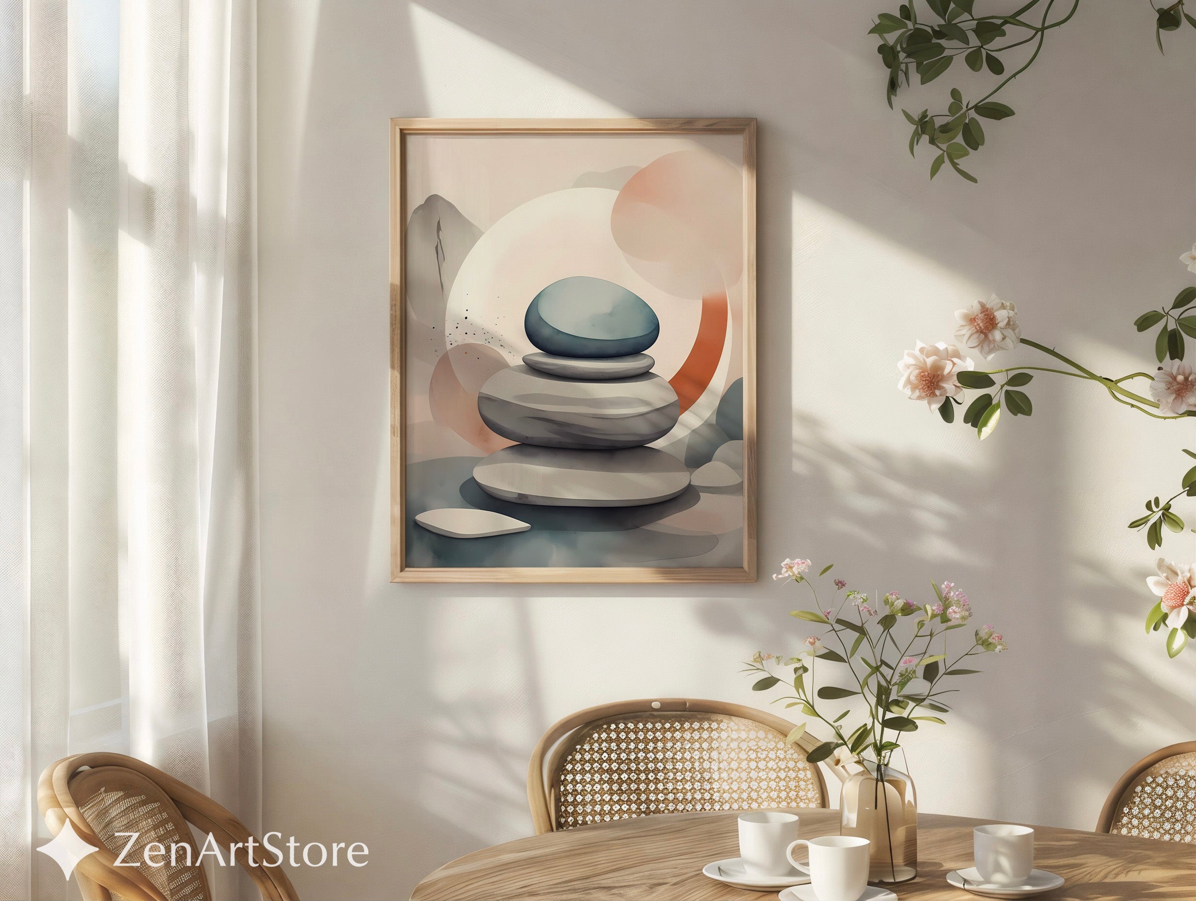 Zen Stone Stack Wall Art - Minimal Japandi Neutral Abstract Print for Living Room, Bedroom, Spa Decor