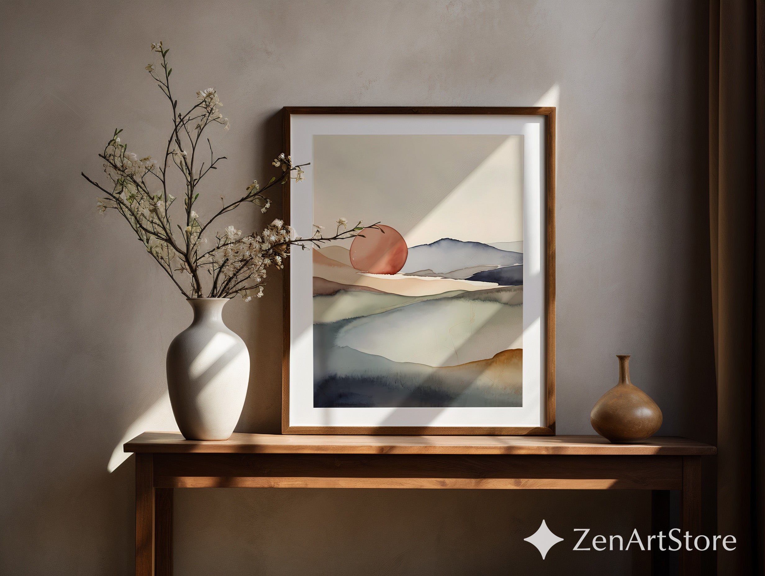 Abstract Minimal Landscape Art Print - Soft Neutral Sunrise Watercolor, Japandi Wabi Sabi Wall Decor