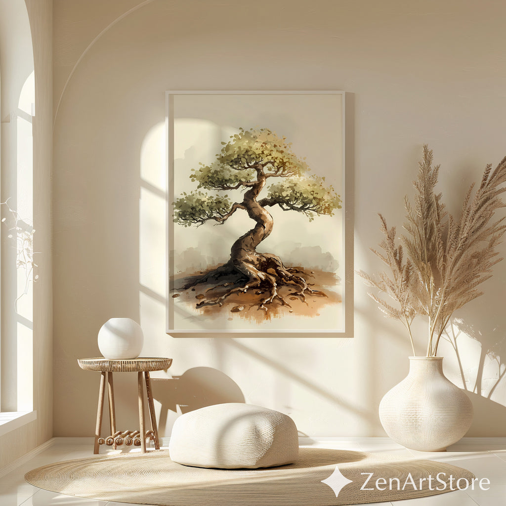 Bonsai Tree Art Print - Minimal Zen Wall Decor, Neutral Wabi Sabi Botanical Illustration for Japandi & Scandinavian Homes