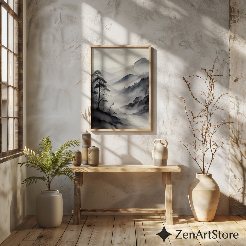 Misty Mountain Sumi-e Print - Minimal Zen Landscape Wall Art, Japandi Monochrome Canvas or Digital Download