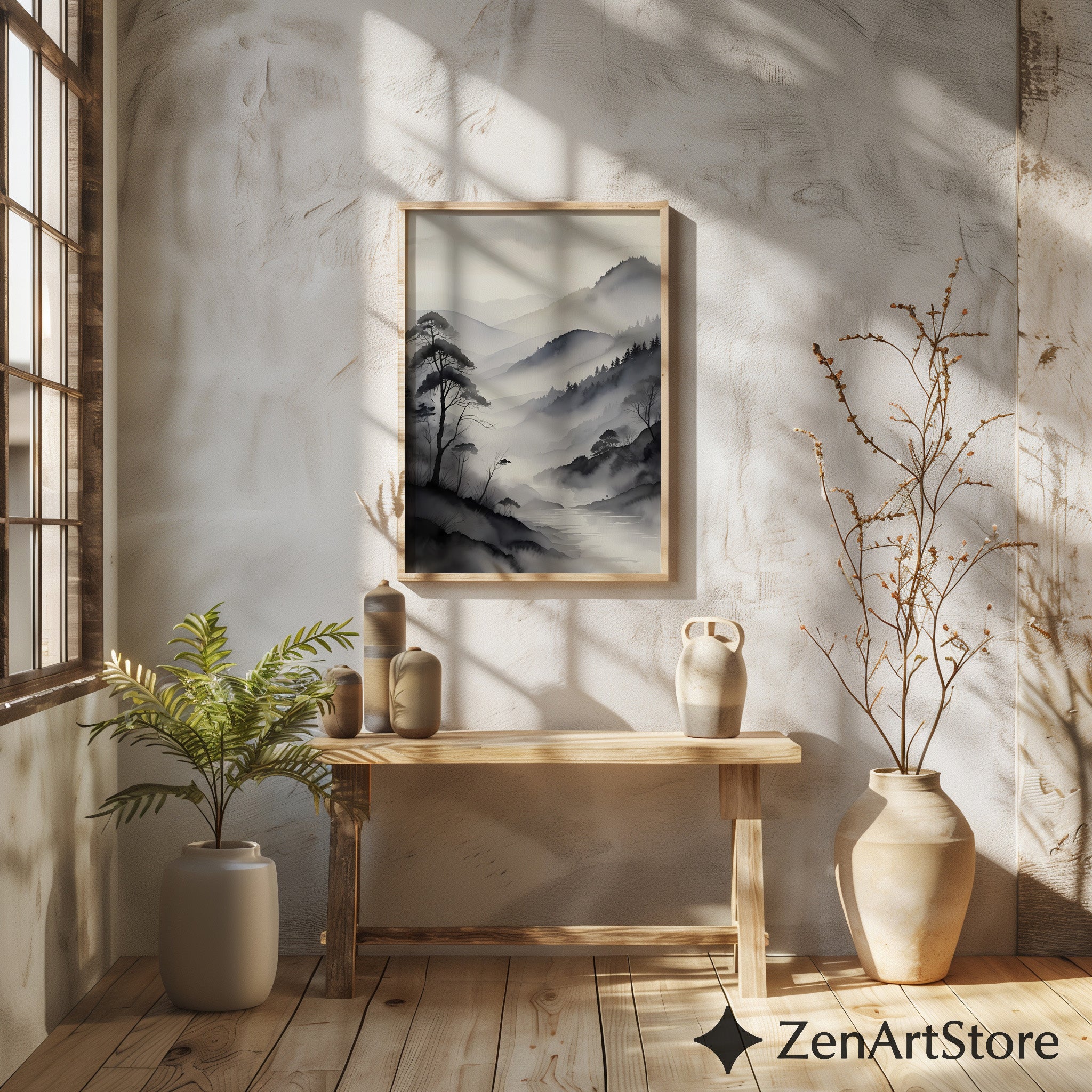 Misty Mountain Sumi-e Print - Minimal Zen Landscape Wall Art, Japandi Monochrome Canvas or Digital Download