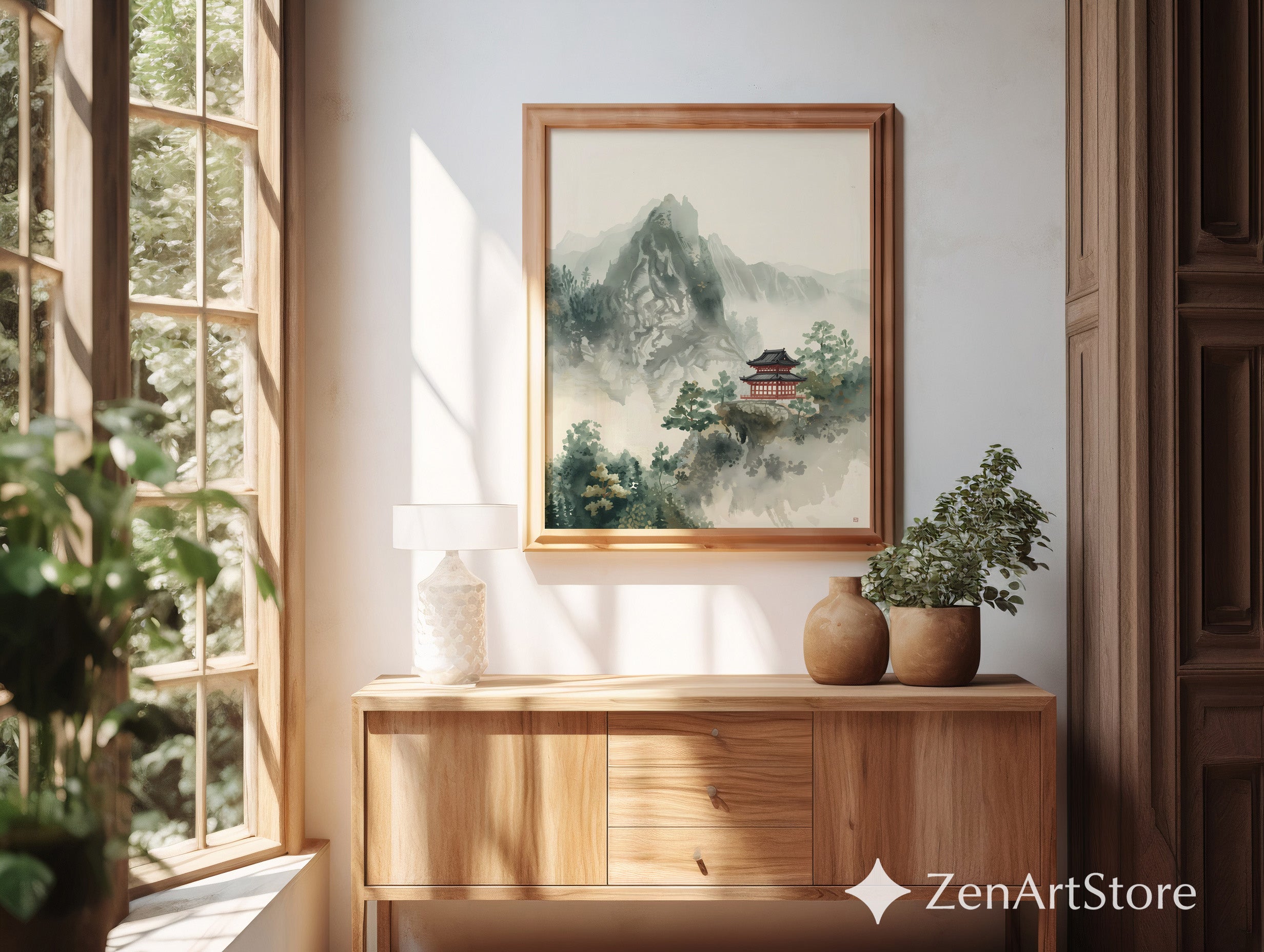 Zen Mountain Pagoda Art Print - Minimal Japanese Sumi-e Landscape, Japandi Wall Art for Calming Neutral Home Decor