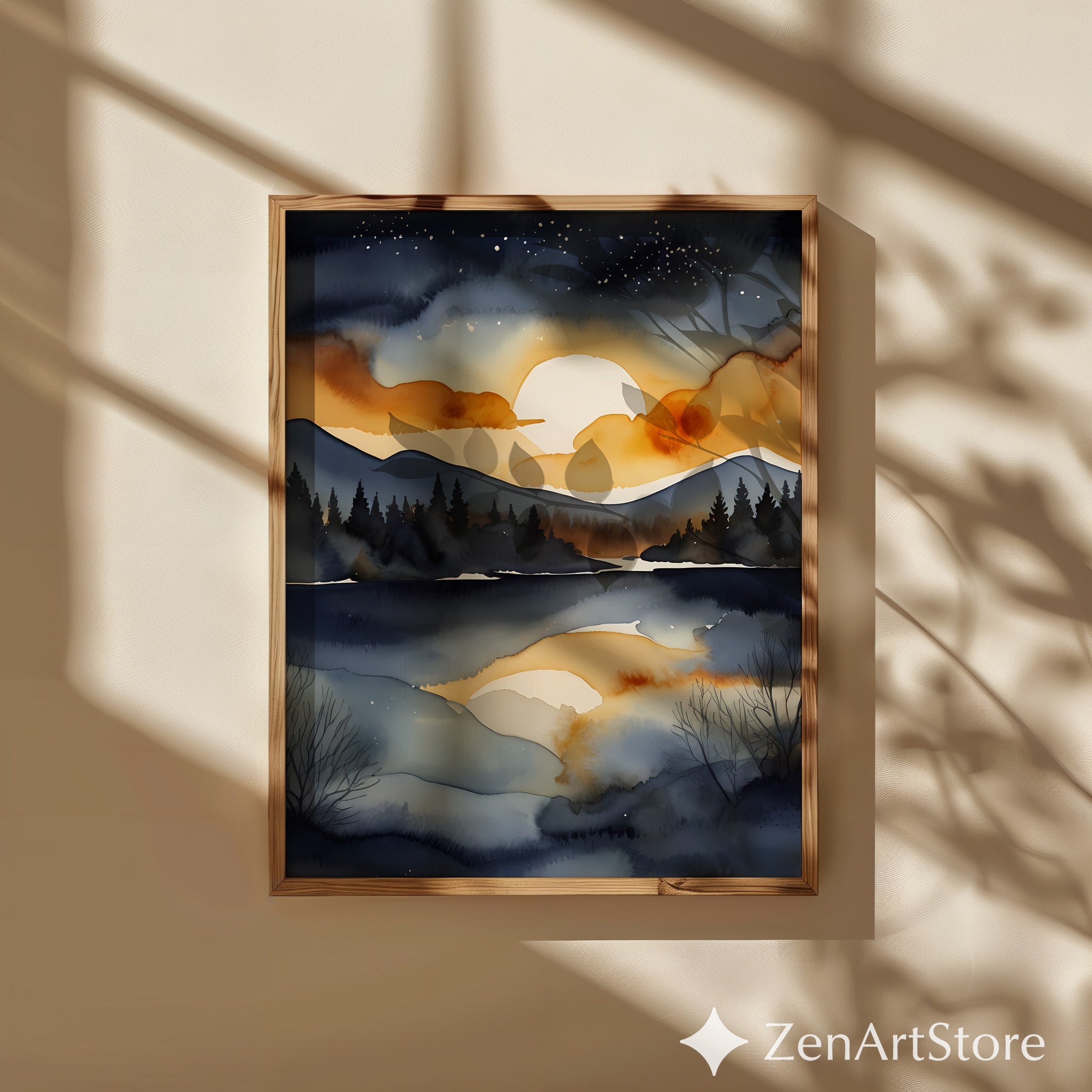 Serene Sunset Lake Watercolor Print - Moody Navy and Gold Mountain Landscape Wall Art