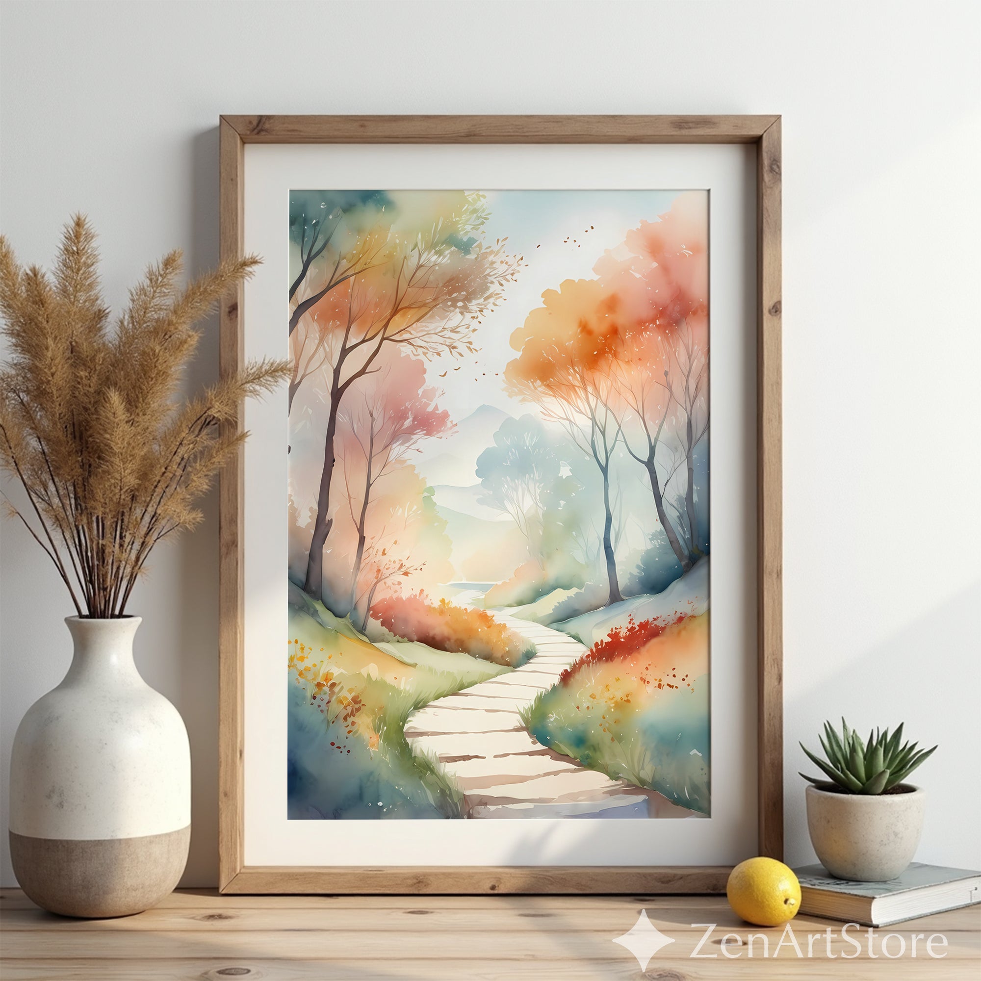 Dreamy Watercolor Pathway Wall Art - Pastel Forest Landscape Print, Autumn Zen Minimal Japandi Home Decor