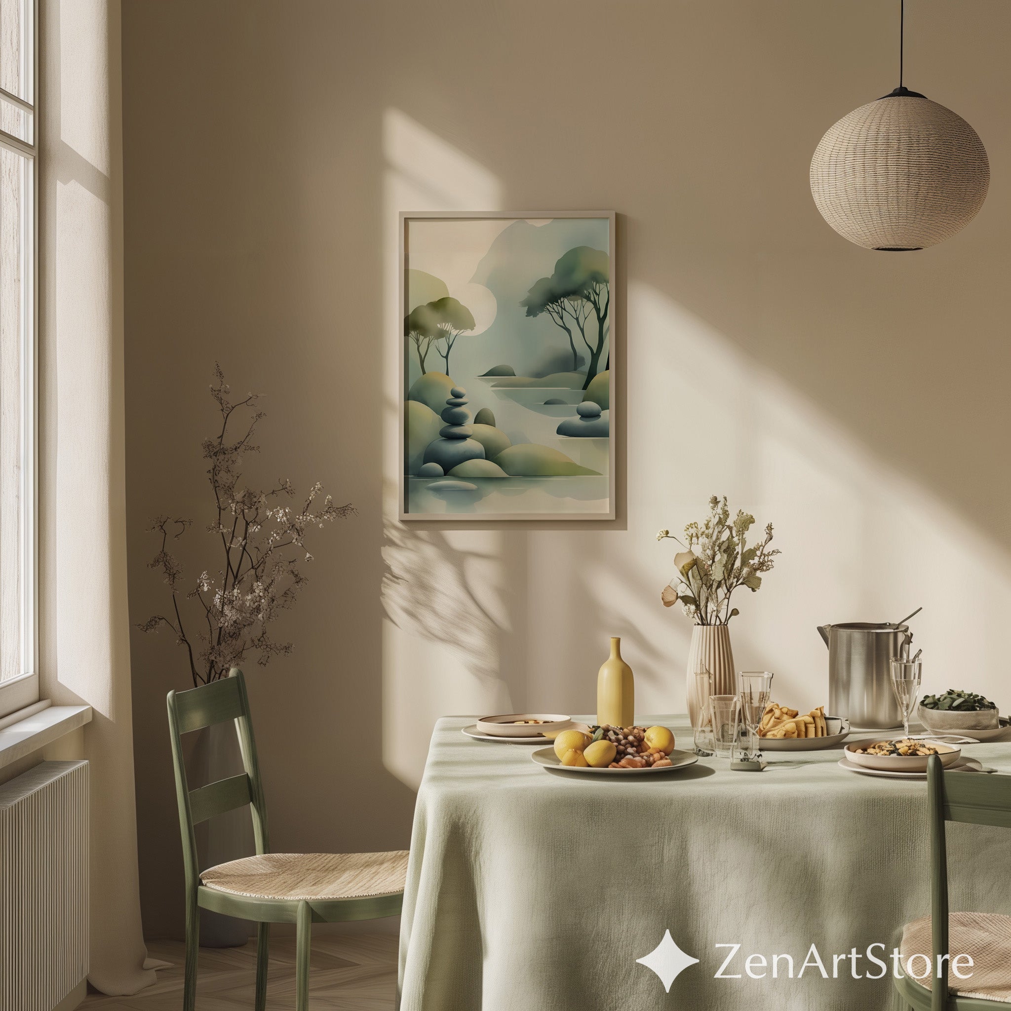 Zen Landscape Print - Minimal Abstract Nature Wall Art, Japandi Misty Trees & Stacked Stones Neutral Green Home Decor