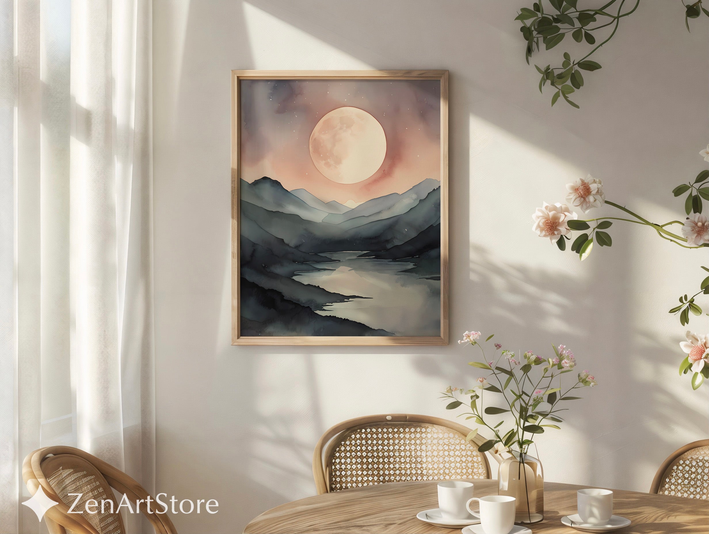 Serene Moonlit Mountain Lake Watercolor Print - Japandi Minimal Neutral Wall Art, Beige & Gray Landscape