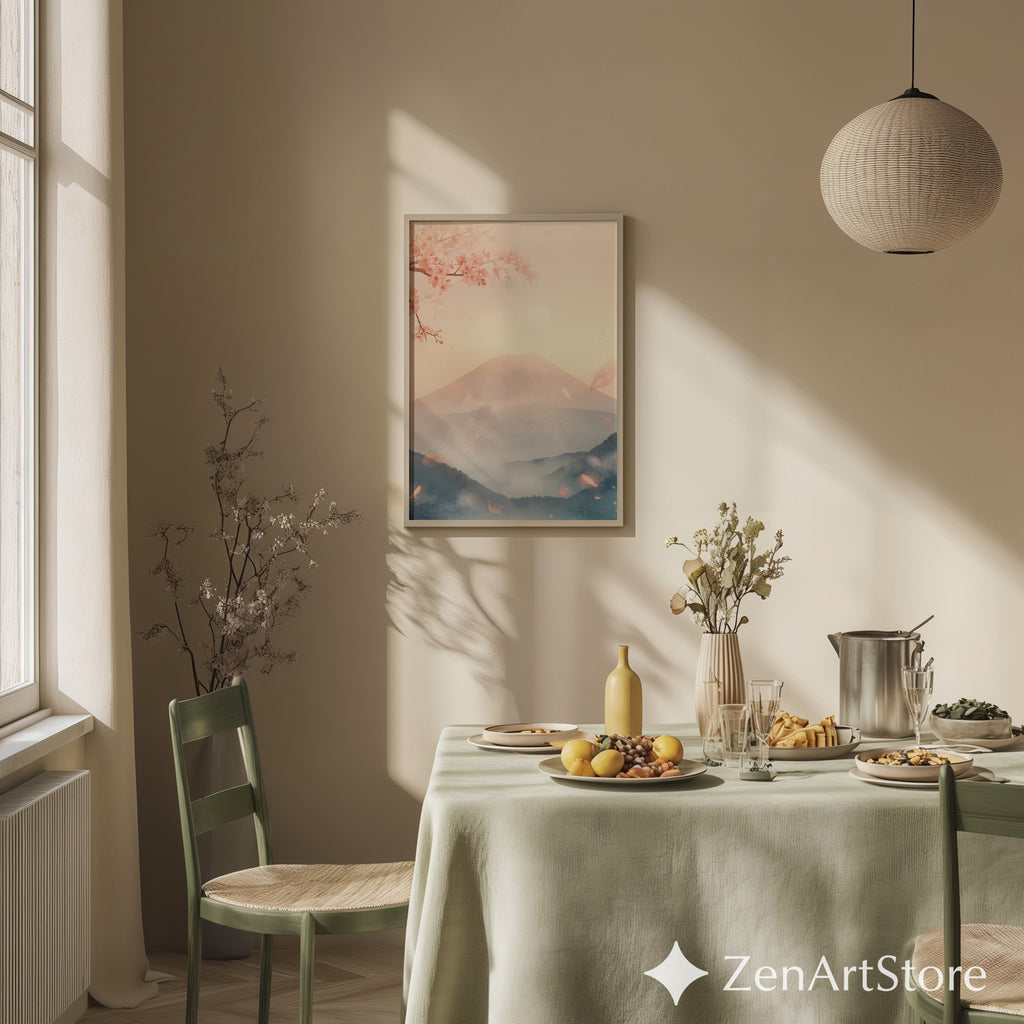 Sakura Mist Pastel Japanese Mountain Wall Art - Cherry Blossom Zen Print for Living Room, Japandi Minimal Home Decor