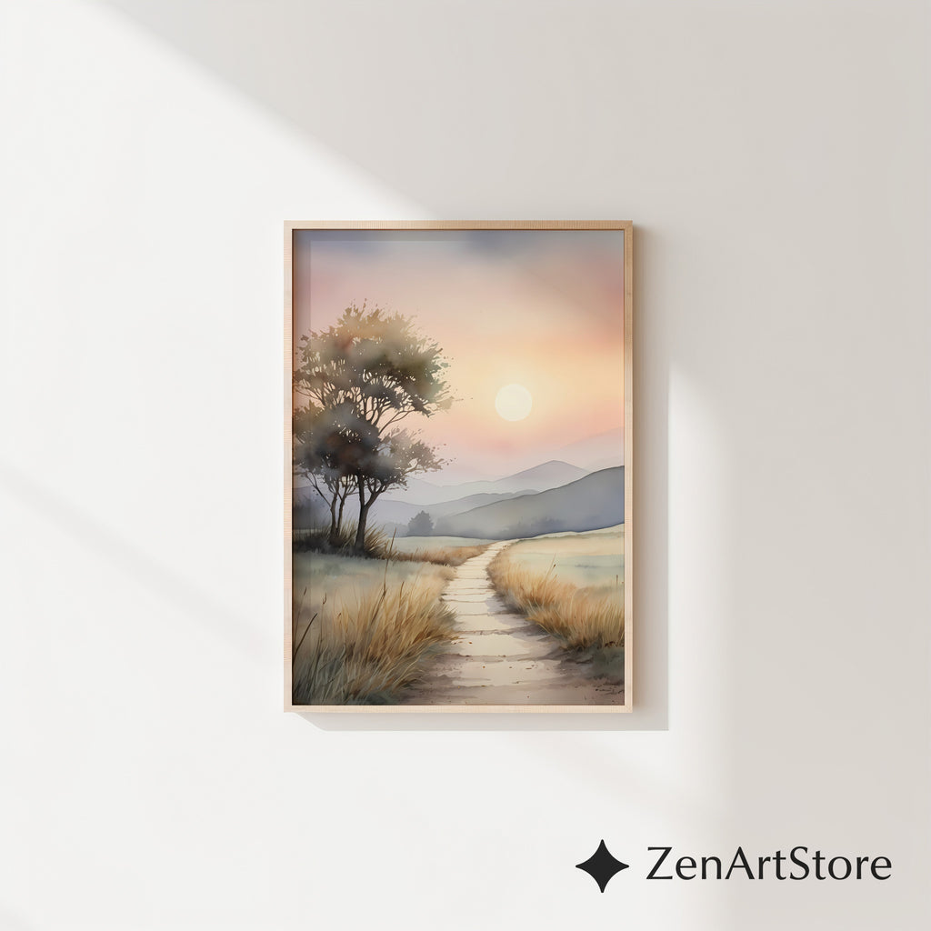 Serene Sunrise Path Watercolor Print - Minimal Neutral Landscape Wall Art for Living Room & Bedroom