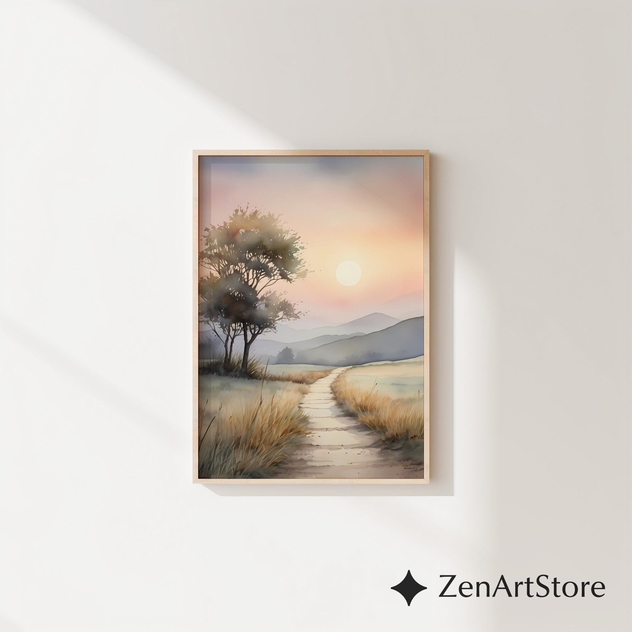 Serene Sunrise Path Watercolor Print - Minimal Neutral Landscape Wall Art for Living Room & Bedroom