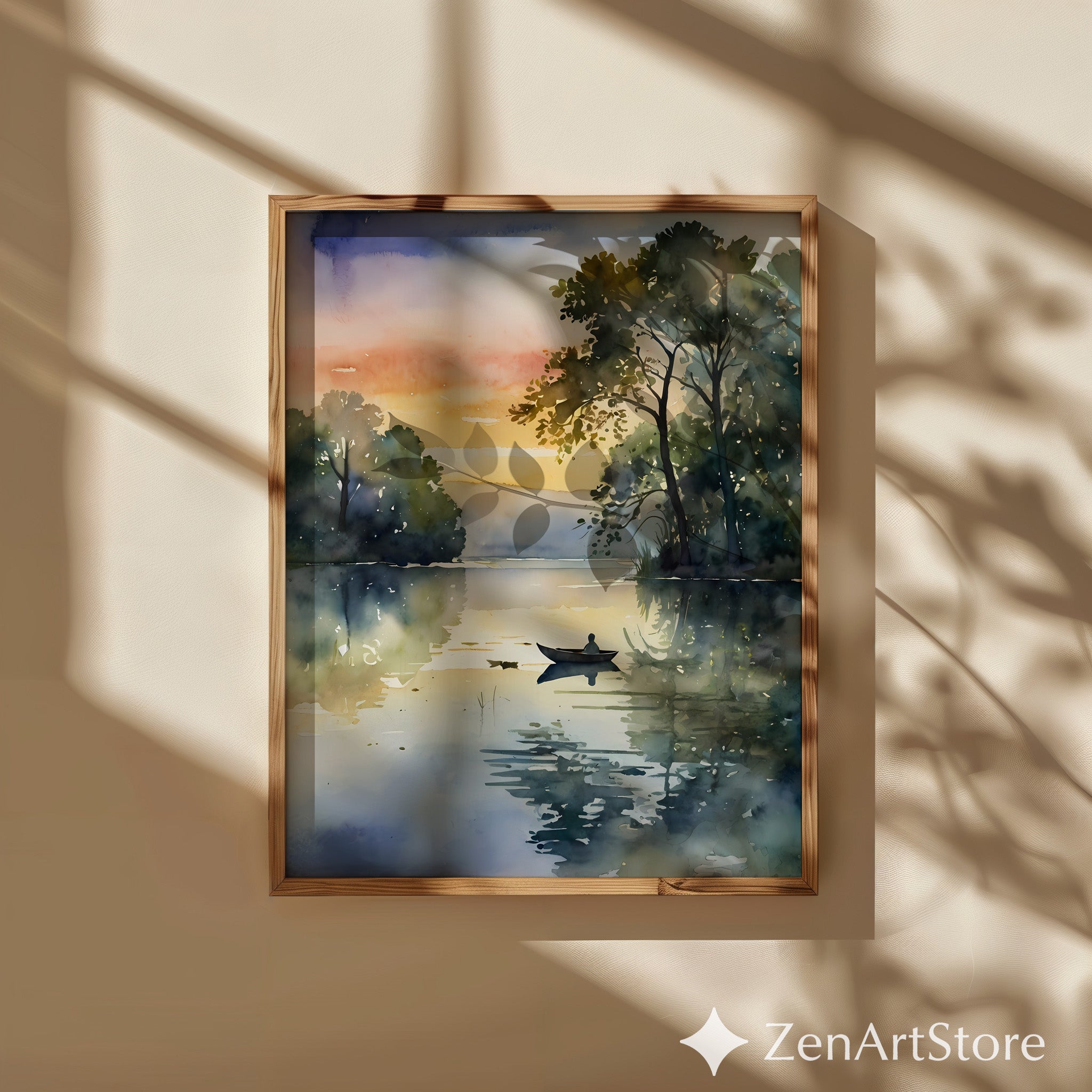 Serene Lake Sunrise Watercolor Print - Minimal Boat Landscape Wall Art for Living Room, Bedroom, Japandi Zen Decor