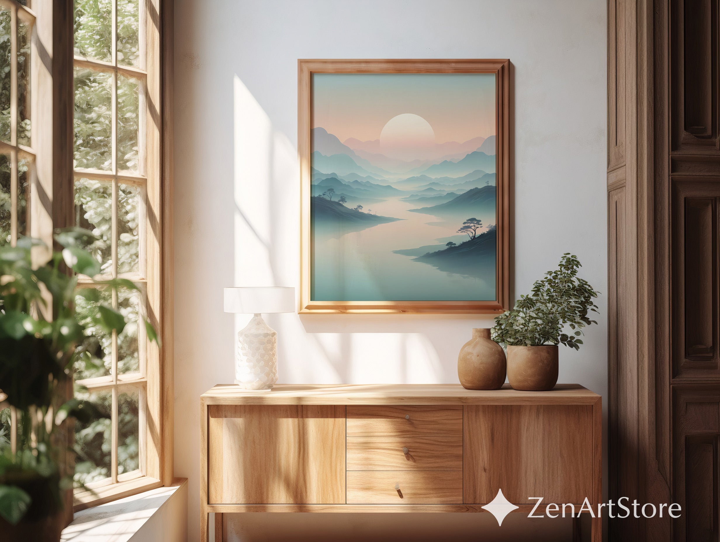 Misty Mountain Sunrise Wall Art - Minimal Zen Landscape Print, Japandi Pastel Sun Poster for Living Room