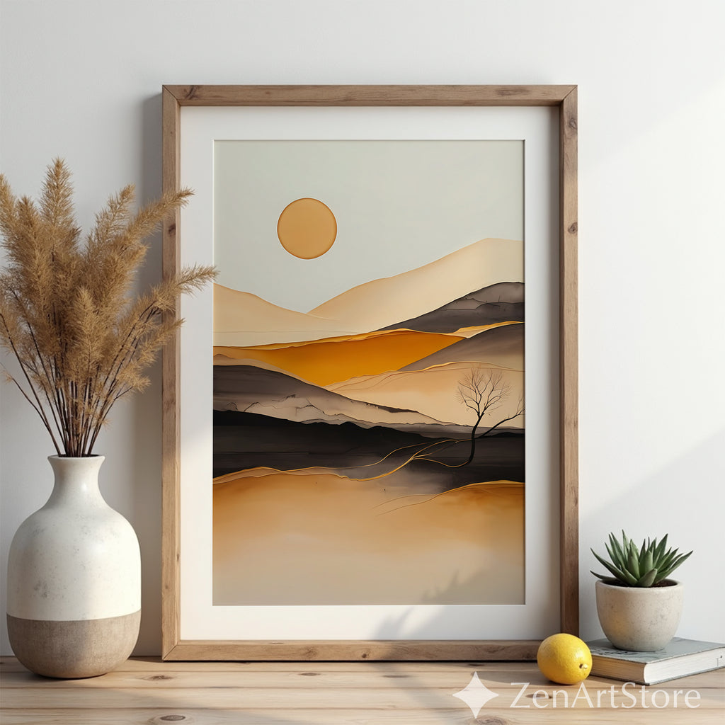 Minimal Abstract Desert Landscape Print - Warm Beige Ochre Modern Wall Art for Living Room, Japandi Scandi Canvas or Digital Download