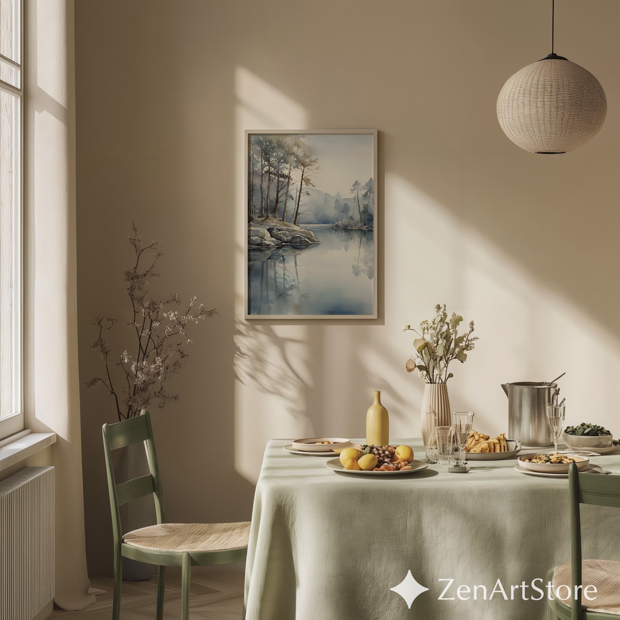 Misty Lake Watercolor Print - Calm Minimal Landscape Wall Art for Living Room Japandi Scandinavian Neutral Decor