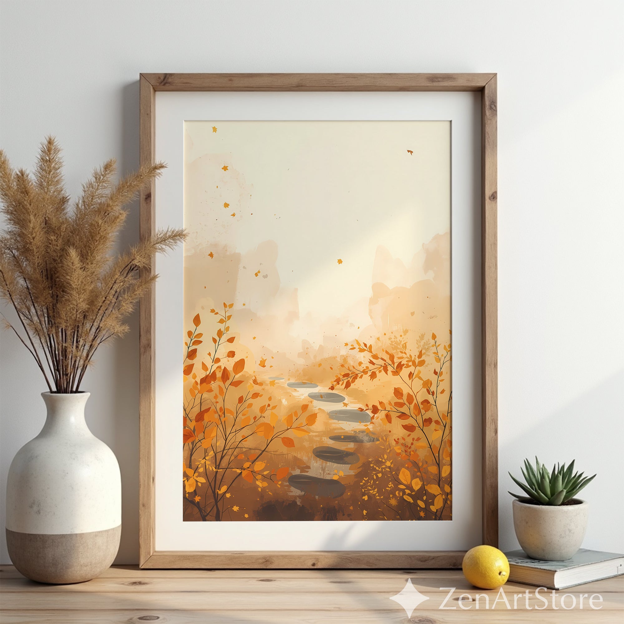 Autumn Path Wall Art - Minimal Fall Landscape Print, Japandi Beige Orange Botanical Home Decor
