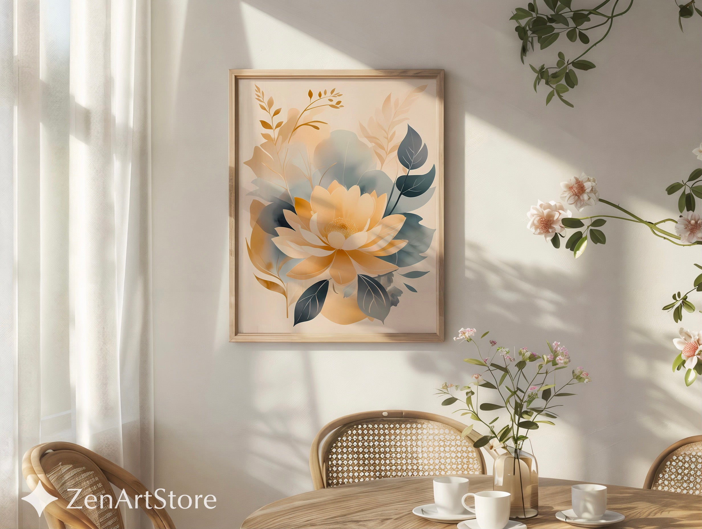 Beige Gold Floral Wall Art Print - Minimal Neutral Botanical Decor for Japandi, Scandinavian Living Room & Bedroom