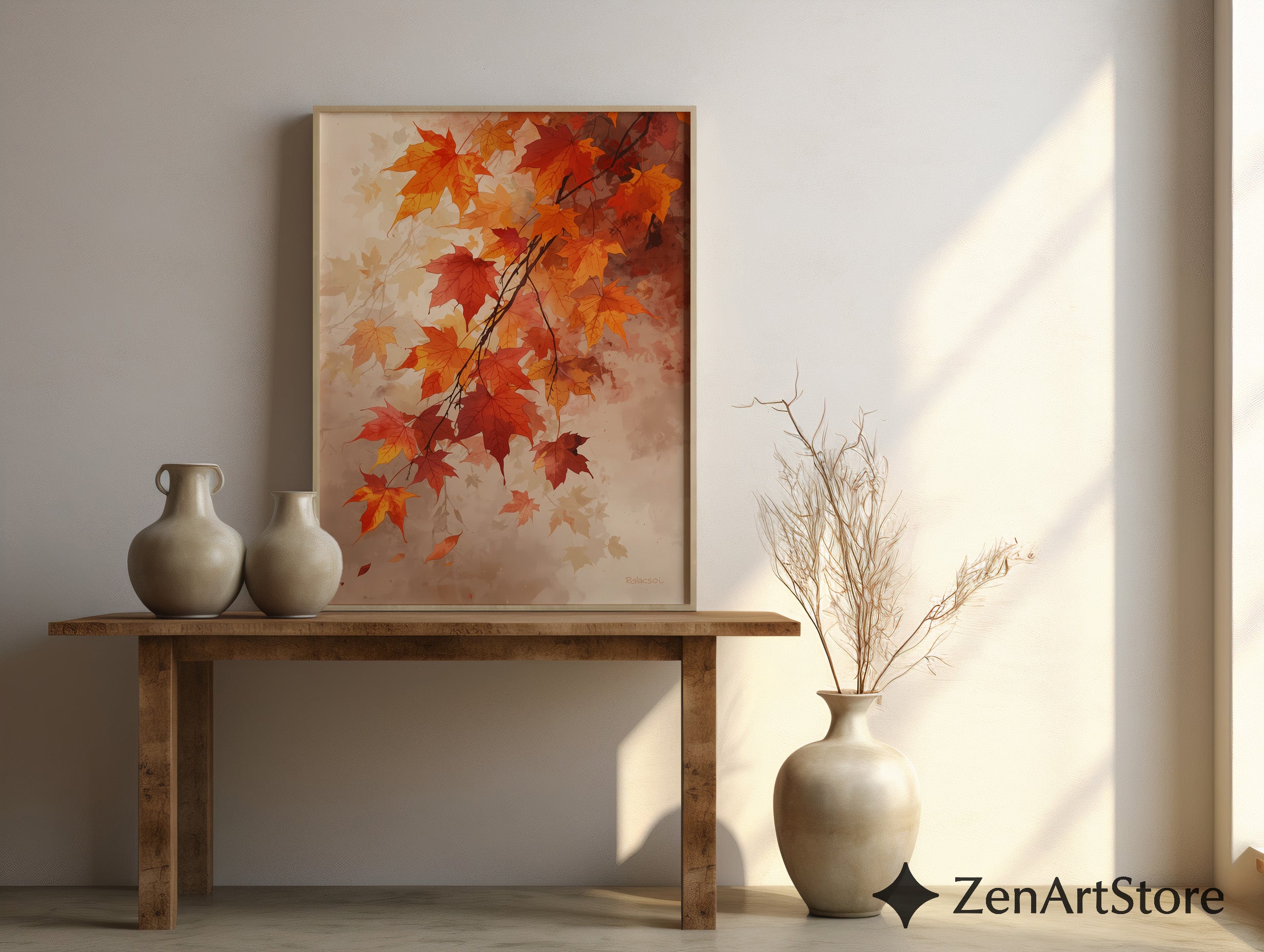 Autumn Maple Leaves Wall Art - Neutral Fall Print, Orange Brown Botanical Decor, Printable & Canvas