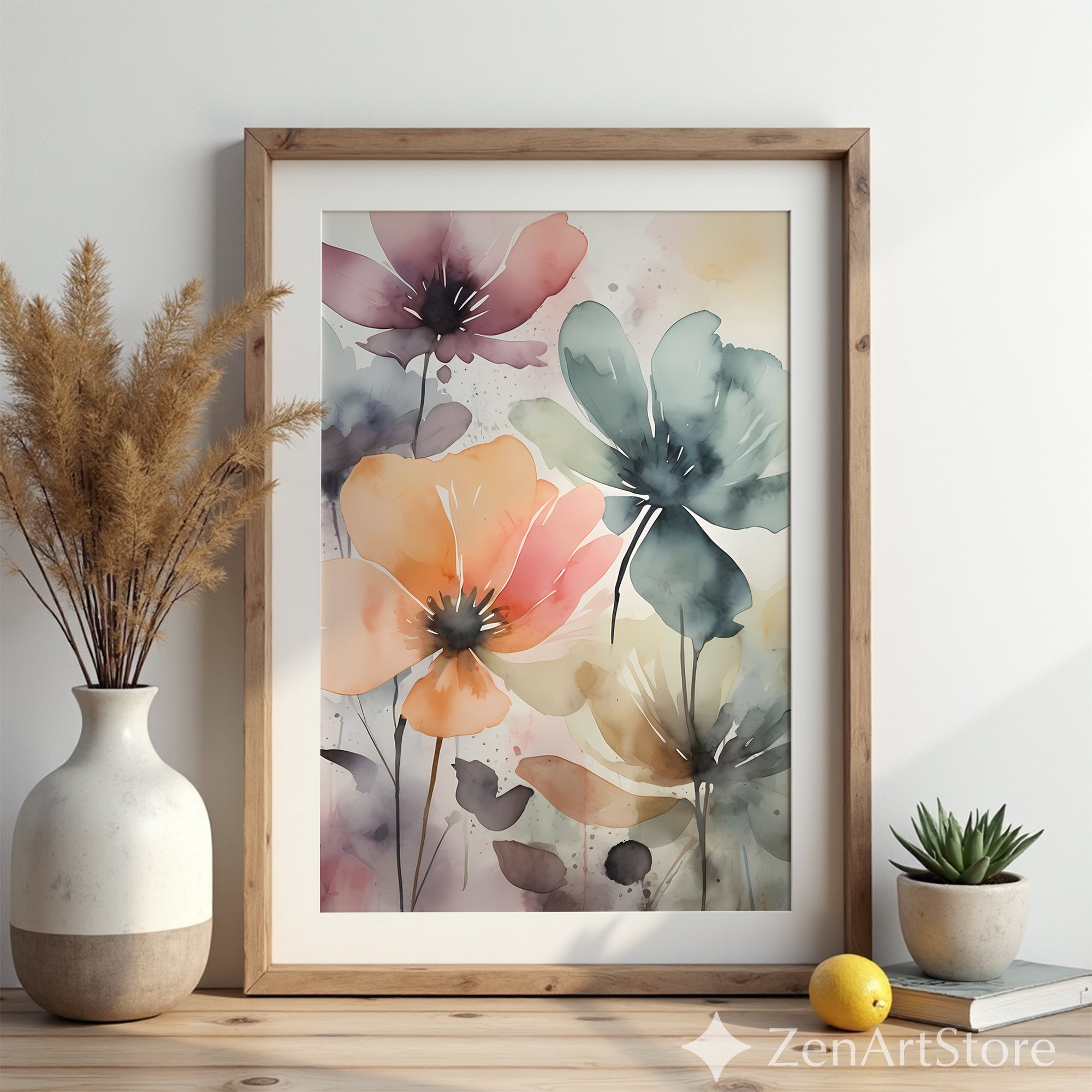 Soft Pastel Watercolor Floral Print - Abstract Botanical Wall Art for Living Room, Bedroom, Nursery - Zen Japandi Neutral Decor