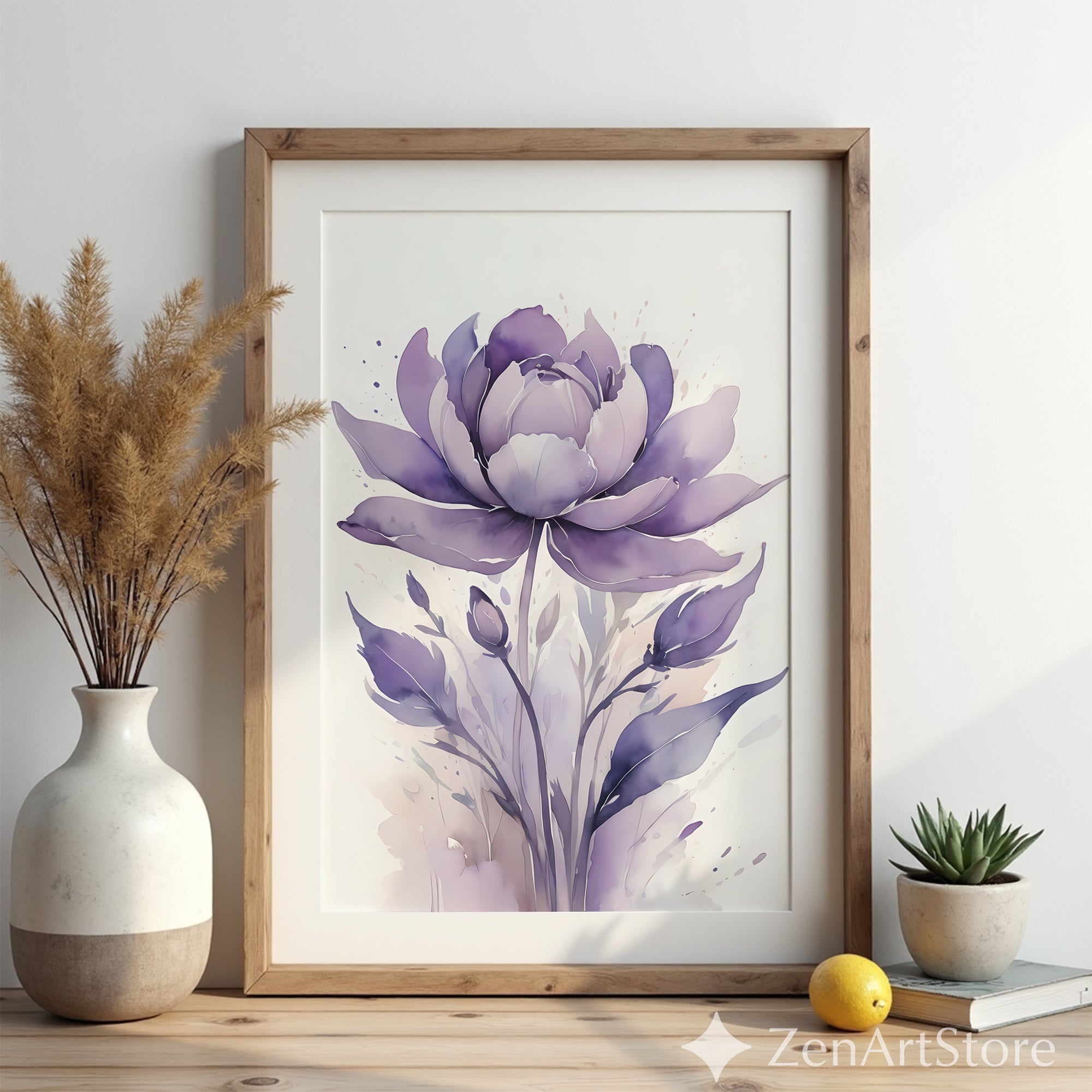 Purple Watercolor Flower Print - Minimal Botanical Wall Art for Living Room, Bedroom, Nursery - Modern Japandi Scandinavian Floral Decor
