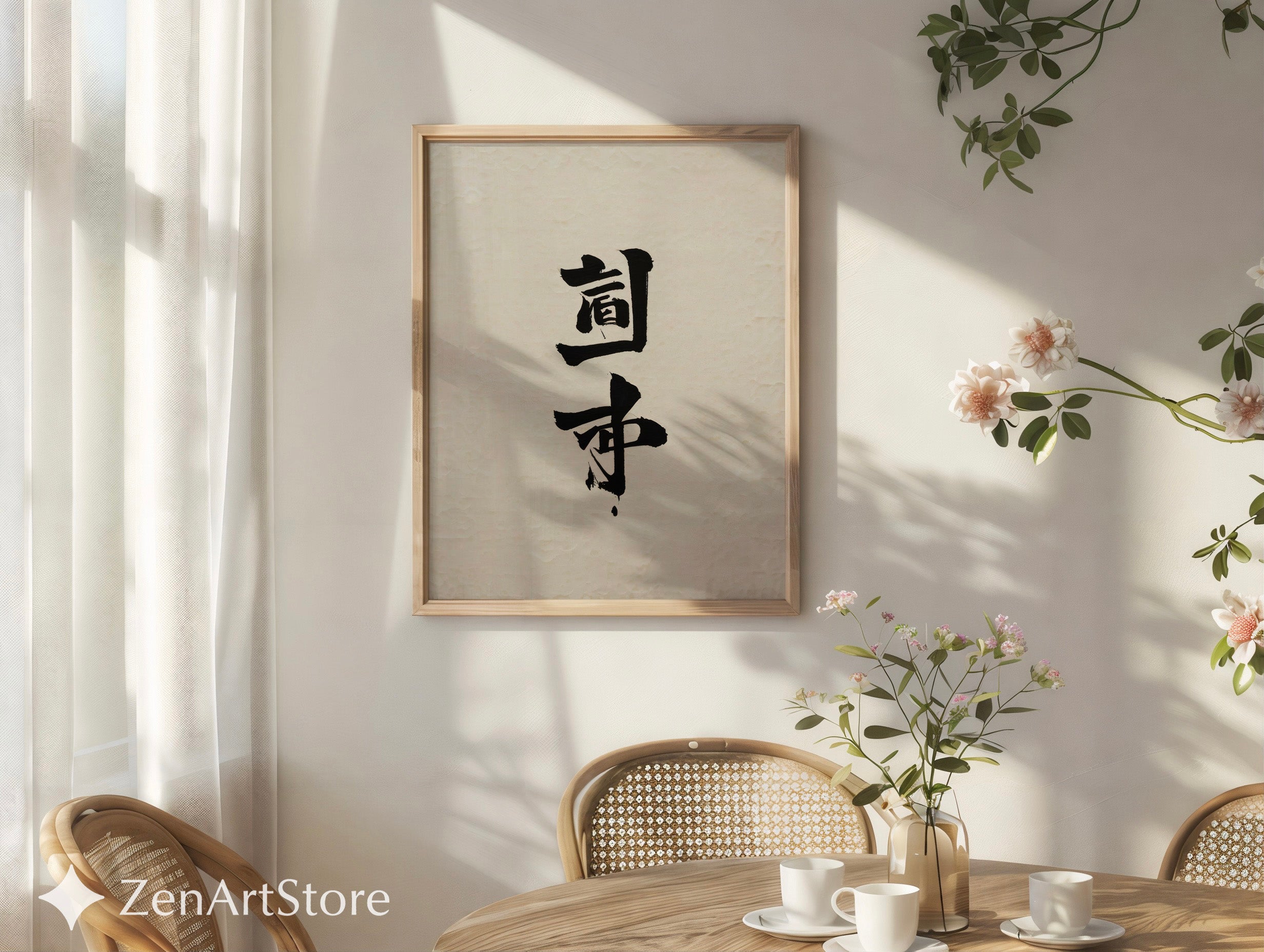 Minimal Japanese Calligraphy Wall Art Print | Zen Black Ink Kanji on Textured Beige Paper | Wabi-Sabi Japandi Neutral Home Decor