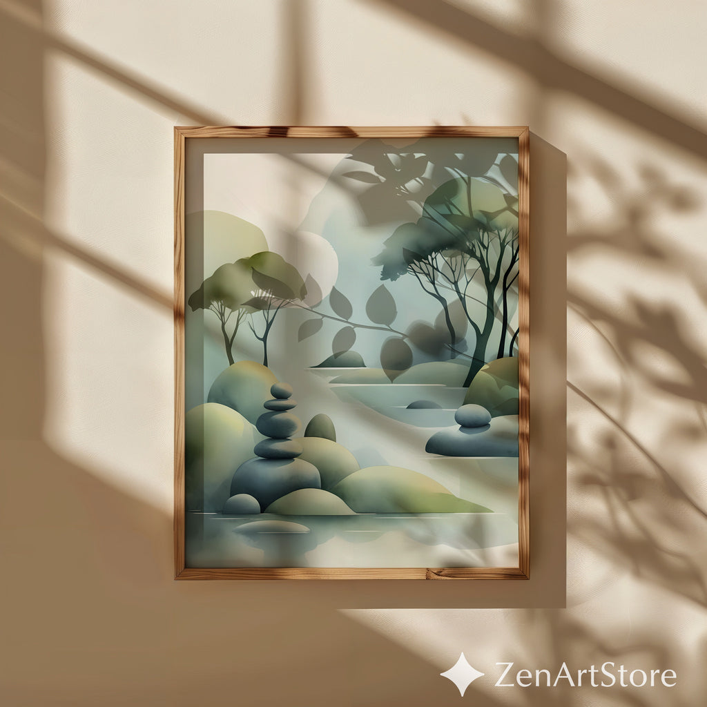Zen Landscape Print - Minimal Abstract Nature Wall Art, Japandi Misty Trees & Stacked Stones Neutral Green Home Decor