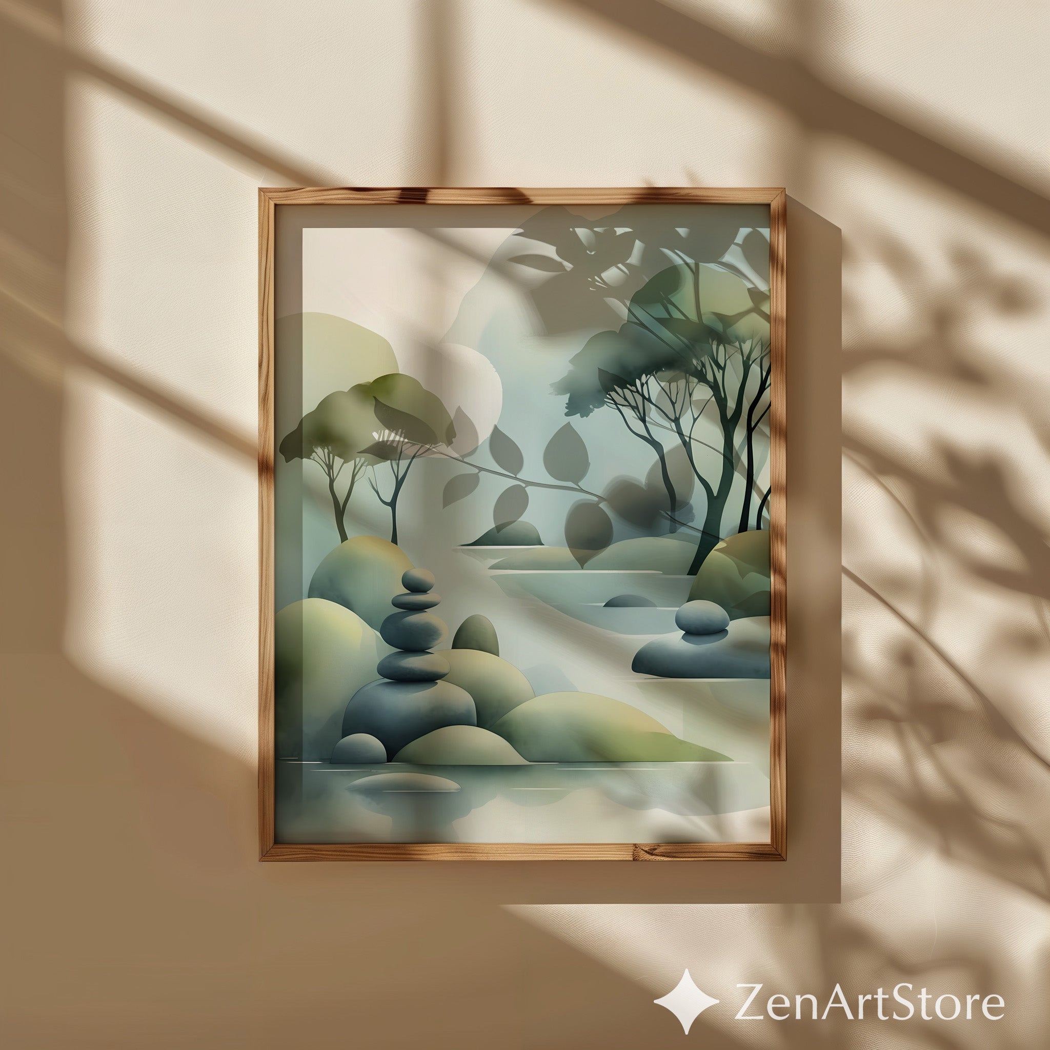 Zen Landscape Print - Minimal Abstract Nature Wall Art, Japandi Misty Trees & Stacked Stones Neutral Green Home Decor