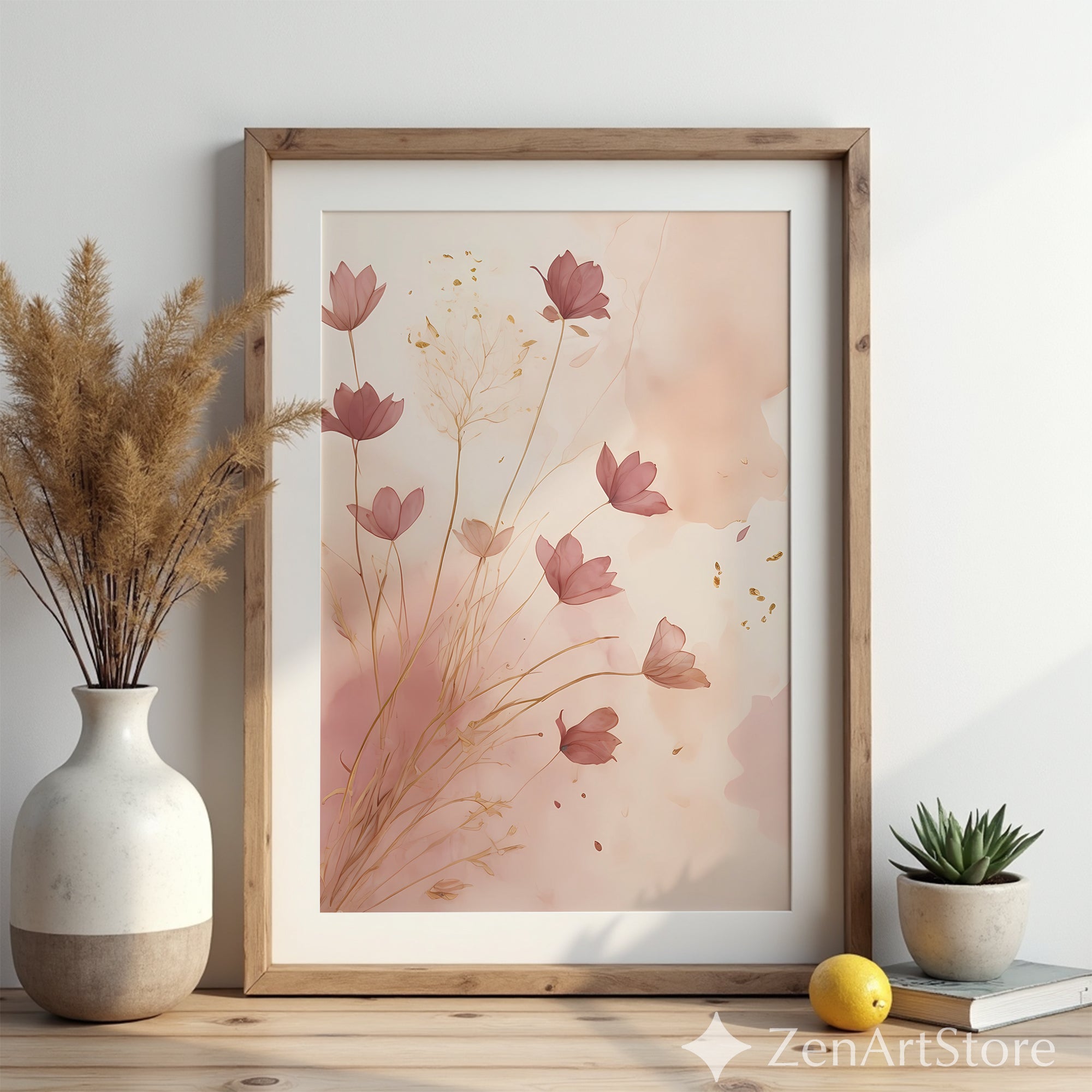 Blush Pink Floral Wall Art - Minimal Botanical Watercolor with Gold Accents | Japandi Wabi Sabi Neutral Decor