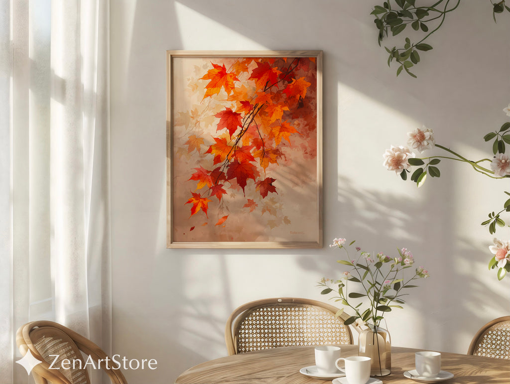 Autumn Maple Leaves Wall Art - Neutral Fall Print, Orange Brown Botanical Decor, Printable & Canvas