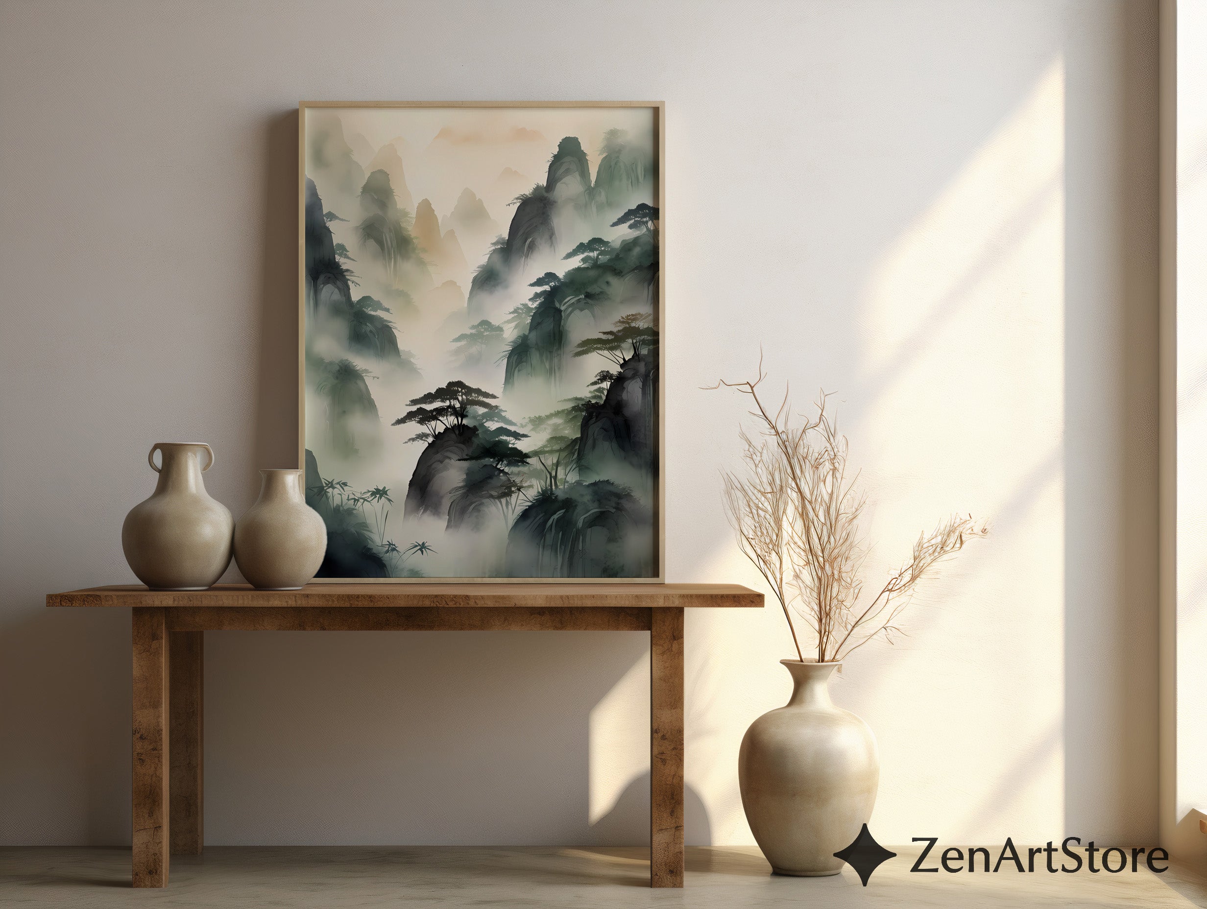 Misty Mountain Landscape Print - Zen Ink-Wash Wall Art for Living Room Japandi Neutral Home Decor