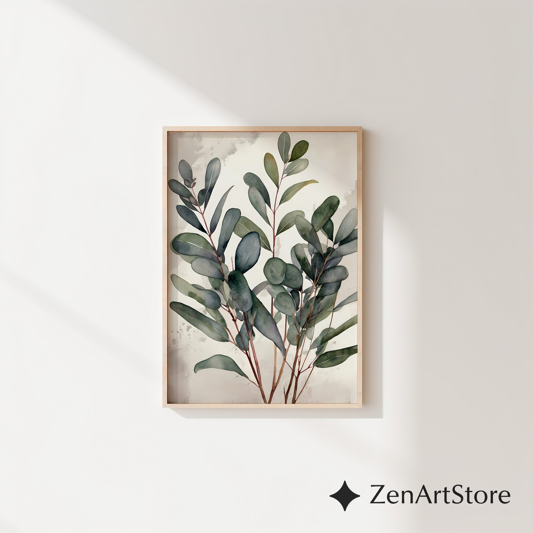 Minimal Eucalyptus Botanical Wall Art - Neutral Japandi Watercolor Print for Living Room Bedroom - Calm Scandinavian Plant Poster