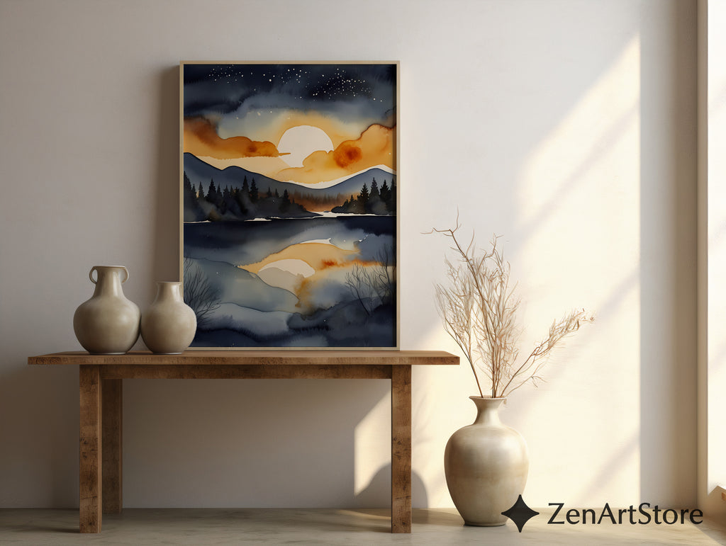Serene Sunset Lake Watercolor Print - Moody Navy and Gold Mountain Landscape Wall Art