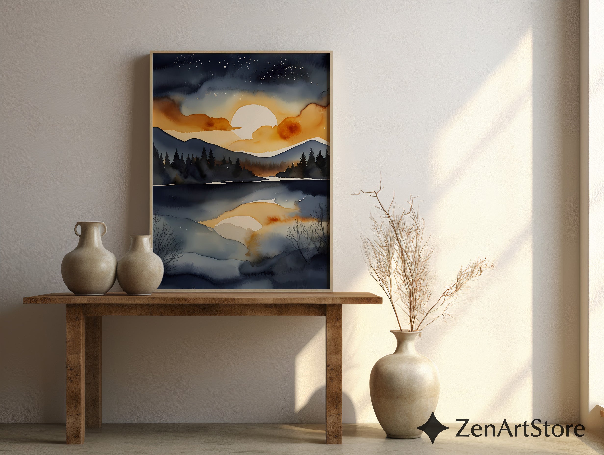 Serene Sunset Lake Watercolor Print - Moody Navy and Gold Mountain Landscape Wall Art
