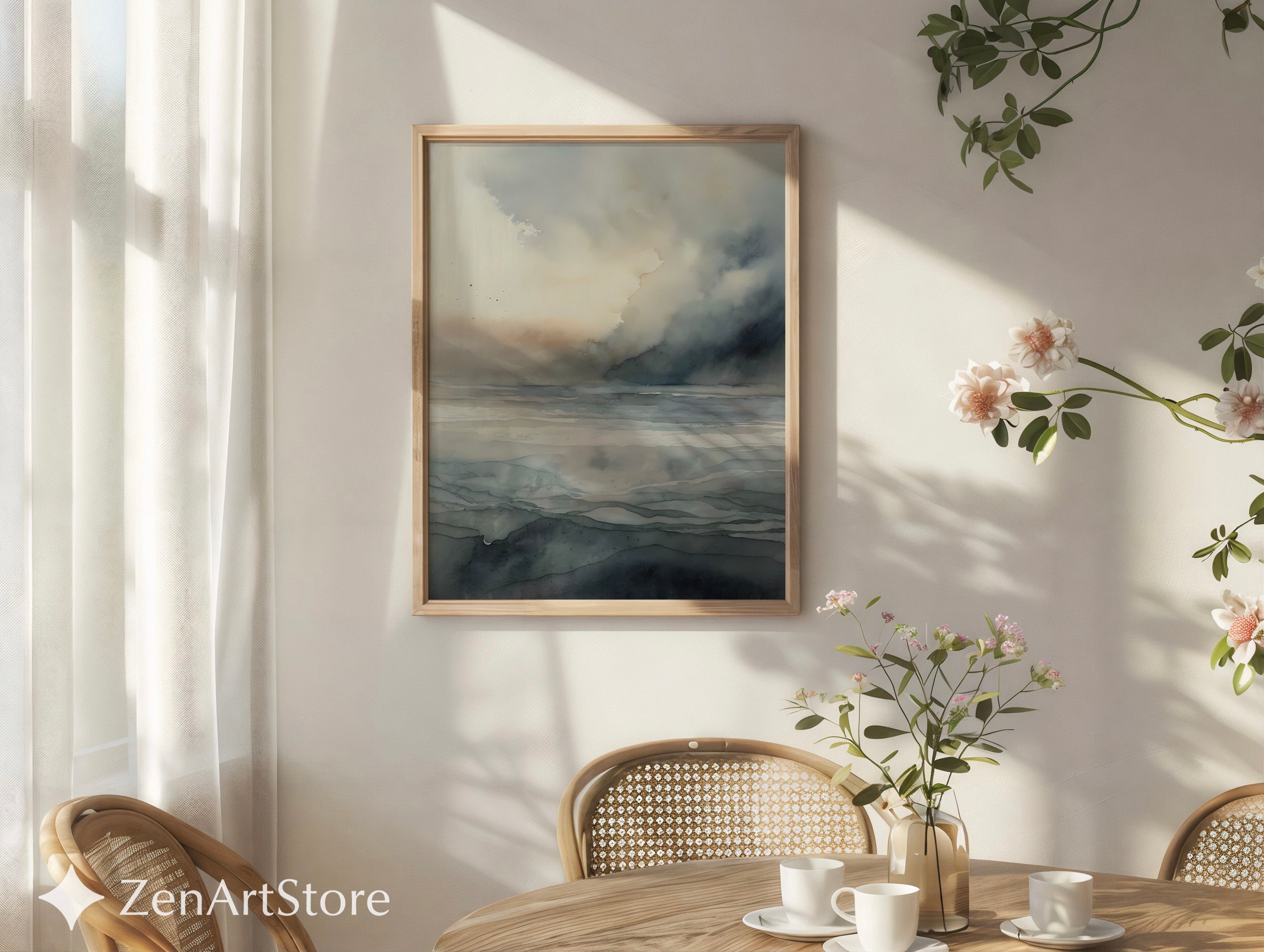 Neutral Abstract Seascape Wall Art - Minimal Coastal Watercolor Print, Calm Japandi Wabi Sabi Landscape for Living Room