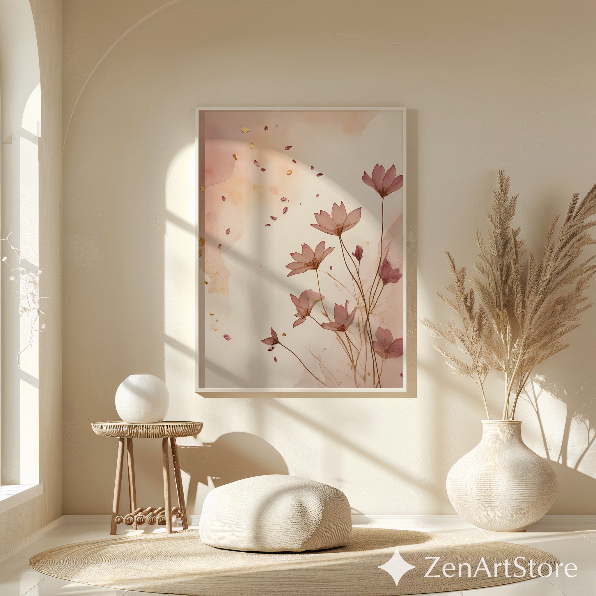 Blush Floral Wall Art Print - Minimal Botanical Line Art, Neutral Japandi Home Decor, Pink Beige Abstract Flower Poster