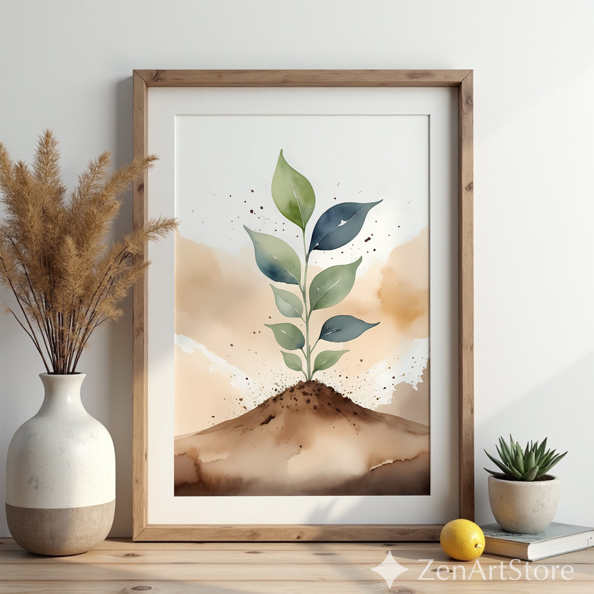 Botanical Sprout Watercolor Print - Minimal Neutral Plant Wall Art, Japandi Wabi Sabi Home Decor, Printable Green Leaf Illustration