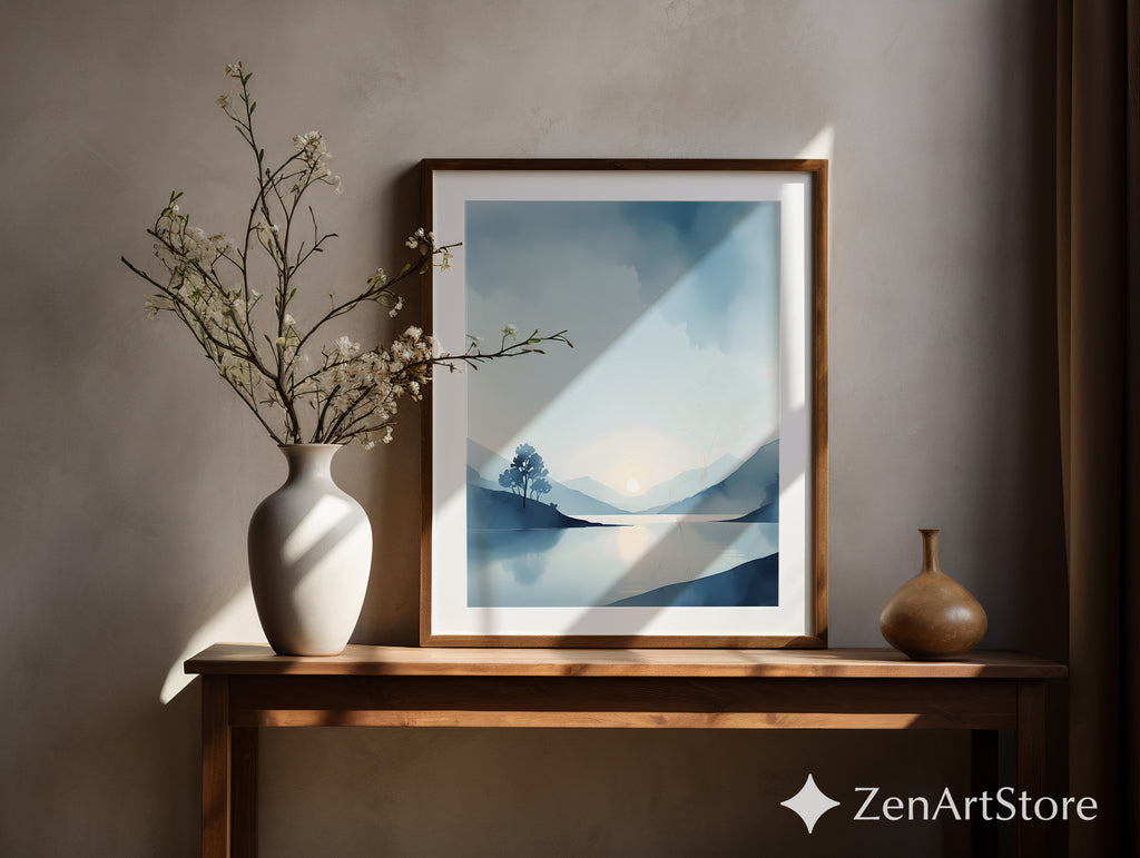 Calm Blue Lake Landscape Print - Minimal Sunrise Wall Art for Scandinavian Japandi Home Decor