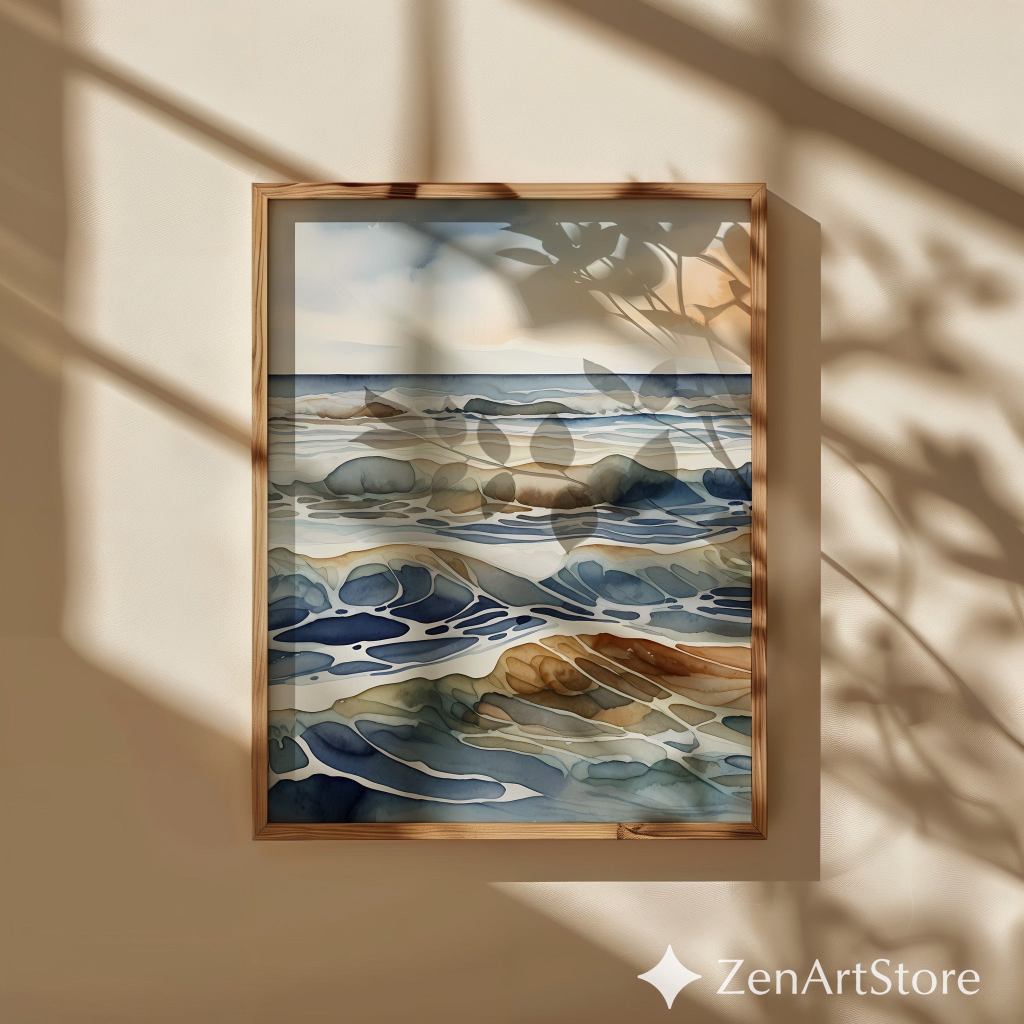 Abstract Ocean Watercolor Print - Calm Coastal Wall Art, Japandi Minimal Waves, Neutral Blue Beige Beach Decor