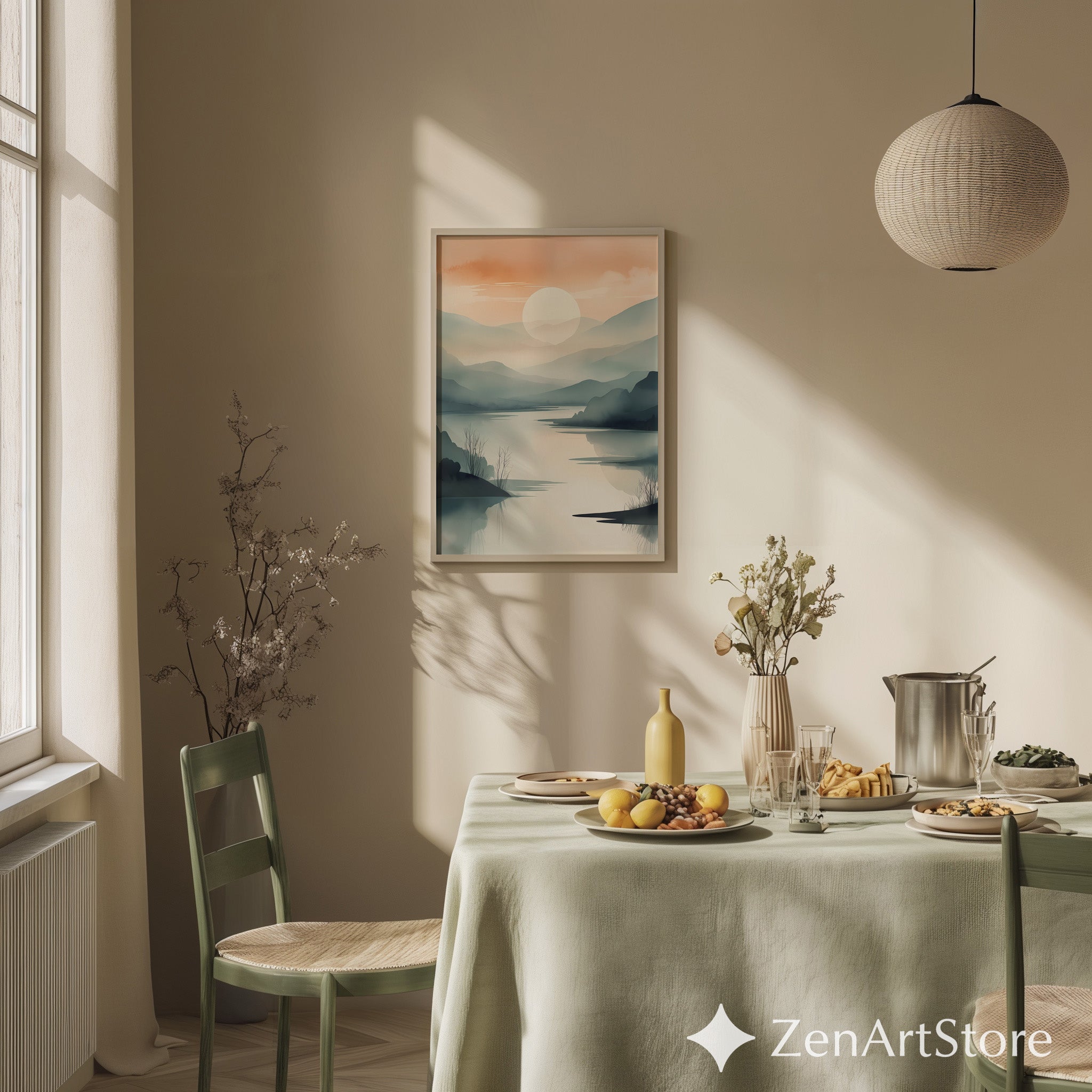 Sunrise Mist Landscape Print – Minimal Japandi Zen Wall Art, Neutral Mountain Lake Poster for Living Room