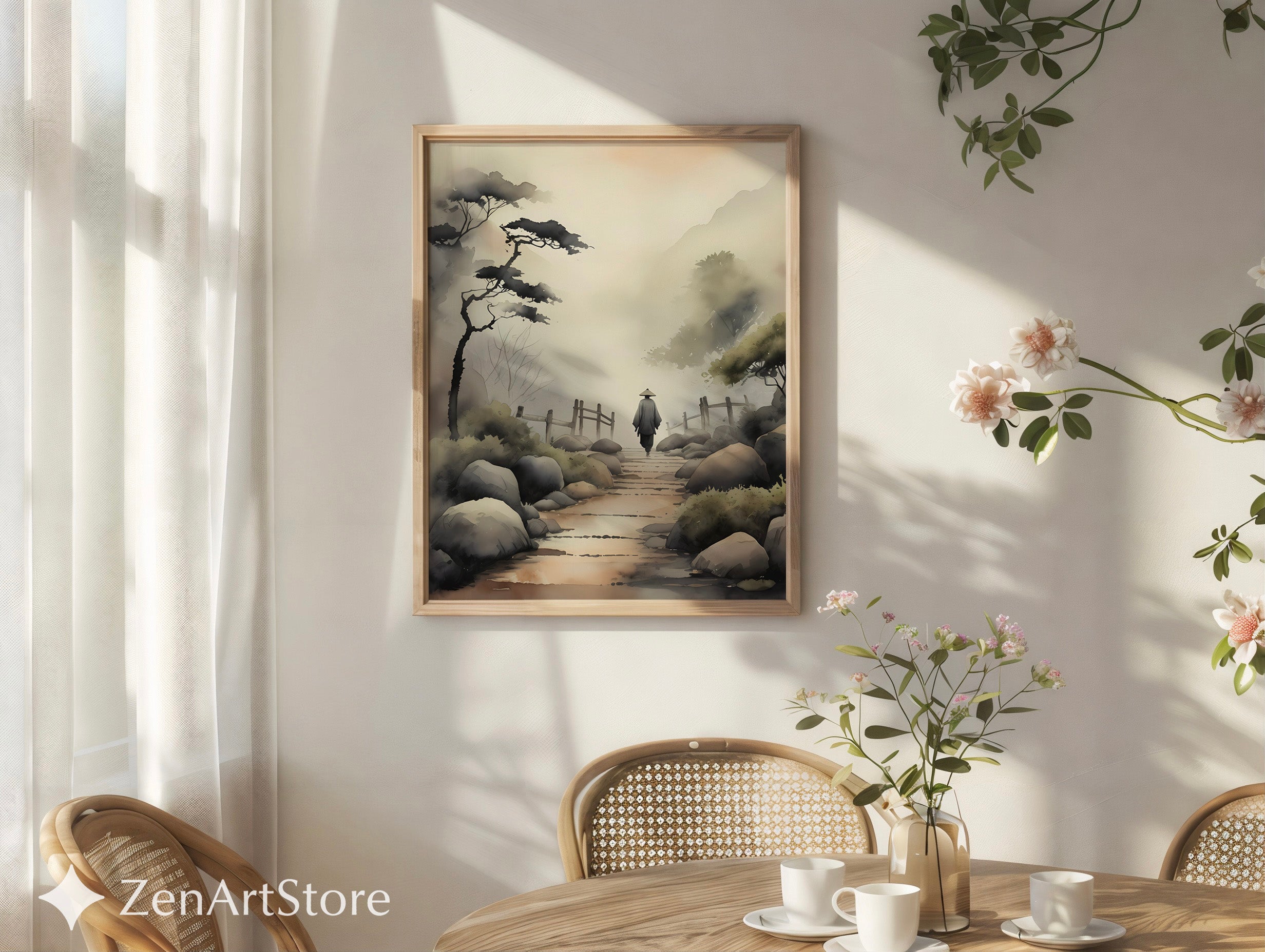 Misty Japanese Pathway Zen Landscape Print - Minimal Japandi Wall Art, Neutral Sumi-e Home Decor