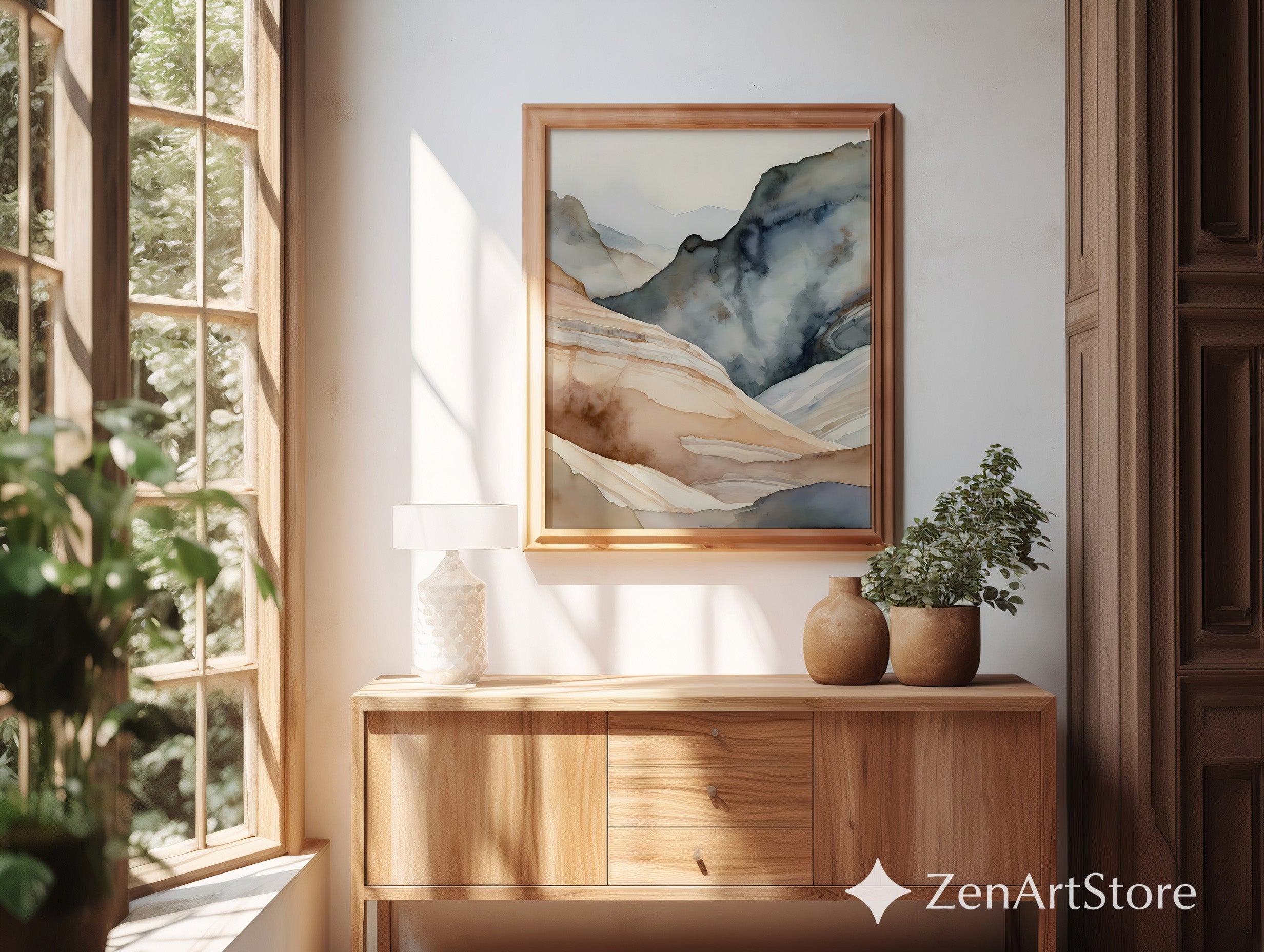 Abstract Neutral Mountain Wall Art - Japandi Watercolor Landscape Print, Minimal Beige & Blue Modern Home Decor