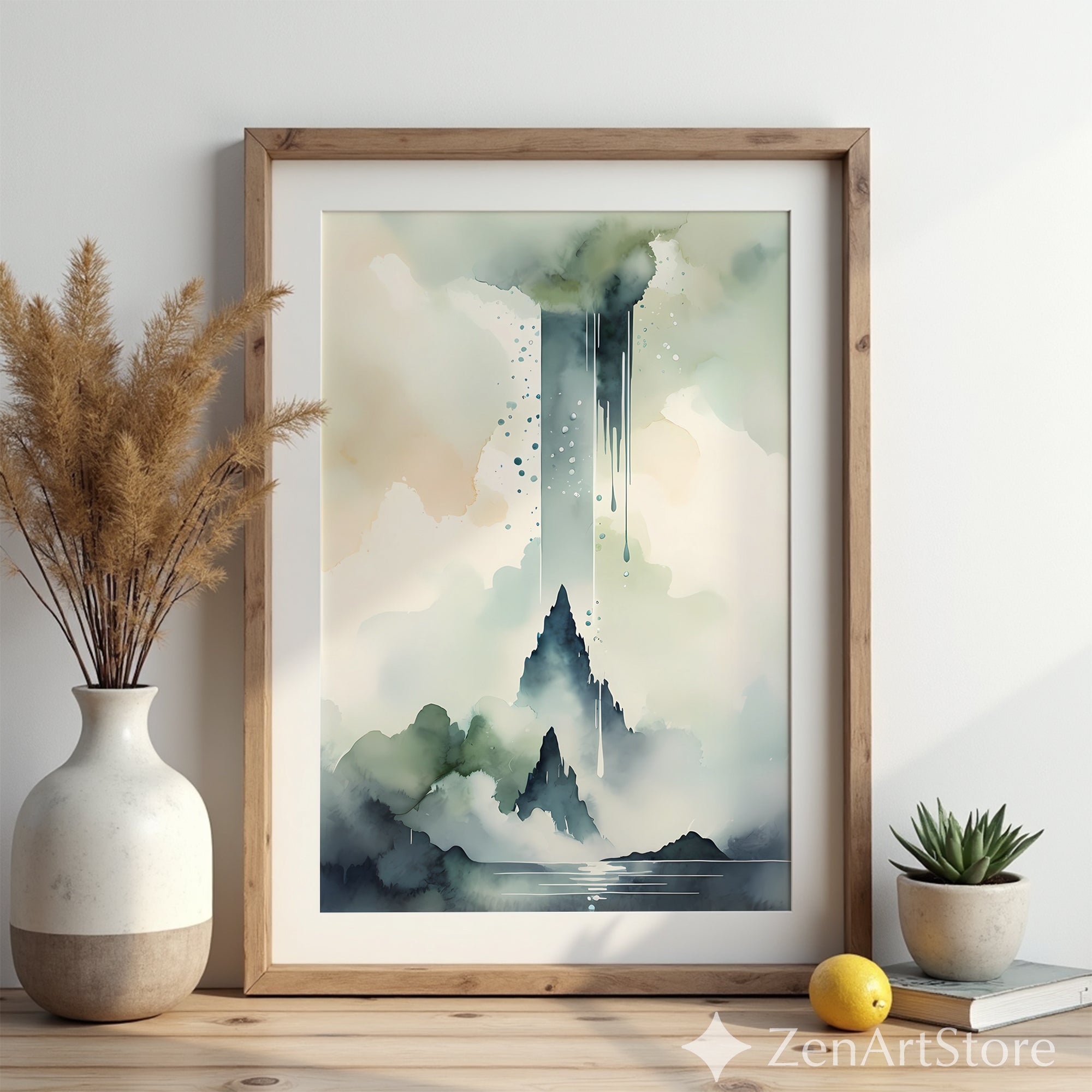 Misty Mountain Watercolor Print - Zen Japandi Neutral Landscape Wall Art, Minimal Abstract Mountain Poster for Modern Home Decor