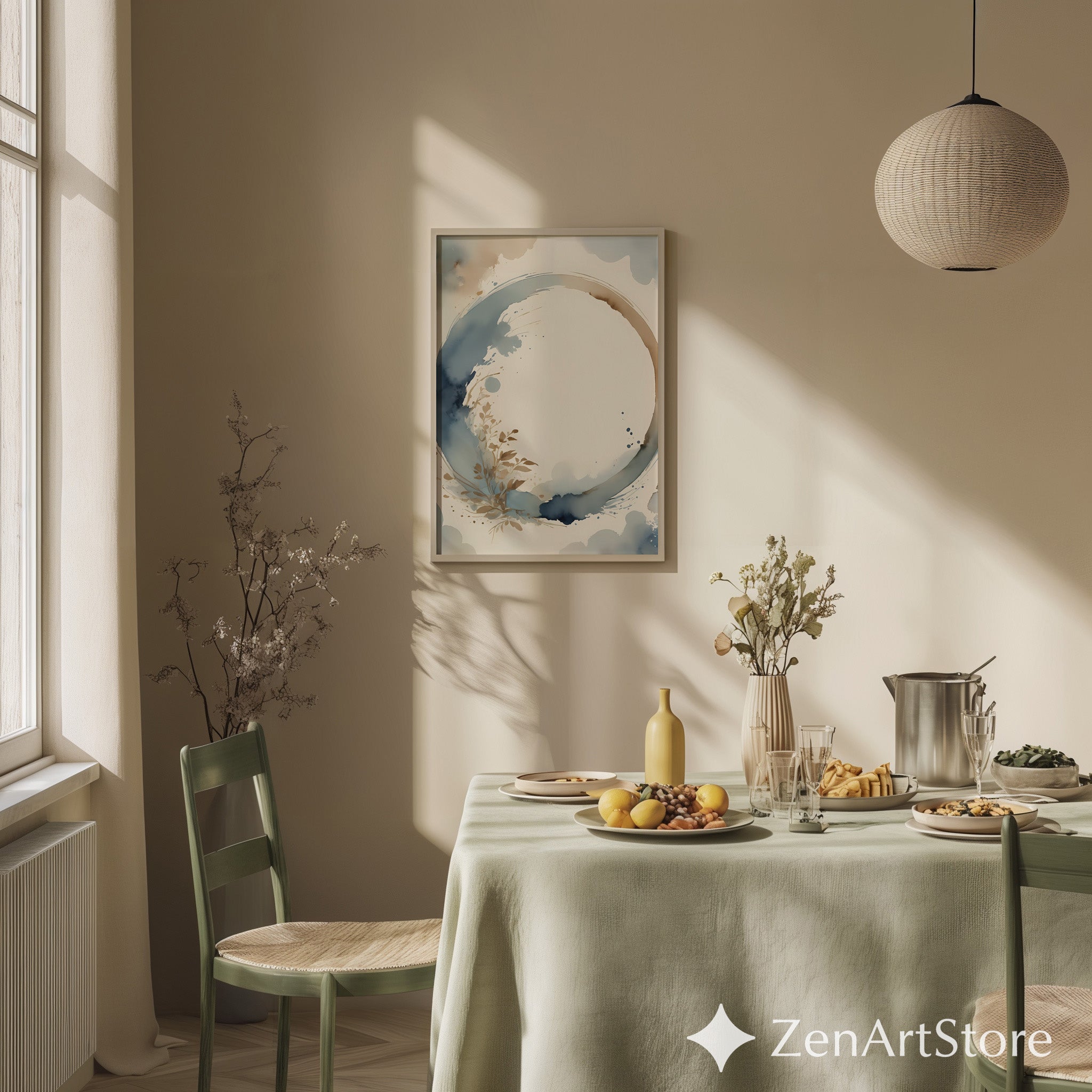 Neutral Abstract Circle Watercolor Print - Zen Enso Botanical Wall Art in Blue & Beige - Minimal Japandi Wabi Sabi Home Decor