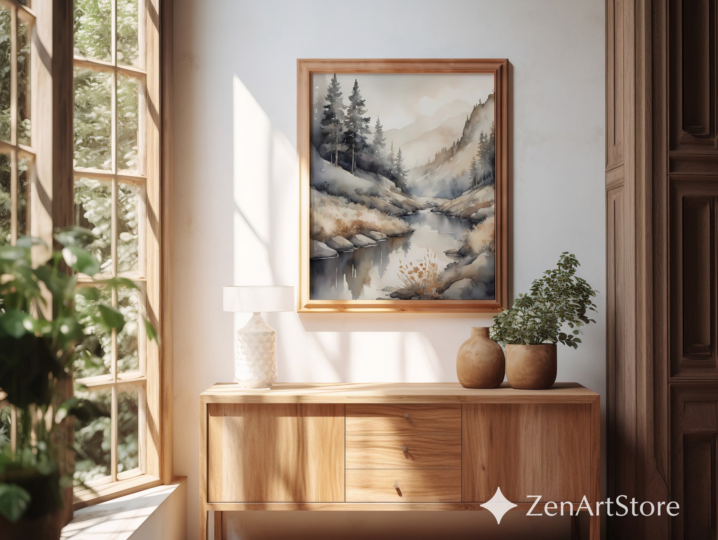 Misty Mountain Watercolor Print - Neutral River Landscape Japandi Wabi-Sabi Wall Art Calm Beige Minimal Home Decor