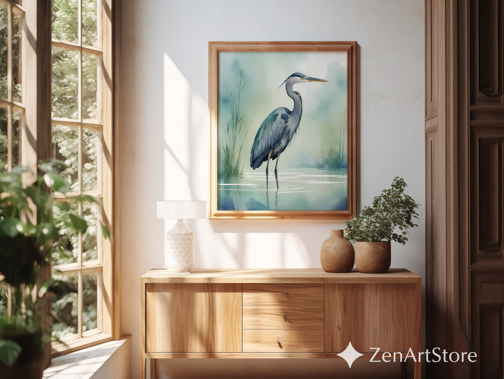 Tranquil Heron Wall Art - Minimal Blue Heron Print, Zen Coastal Nursery Decor, Japandi Nature Wall Decor